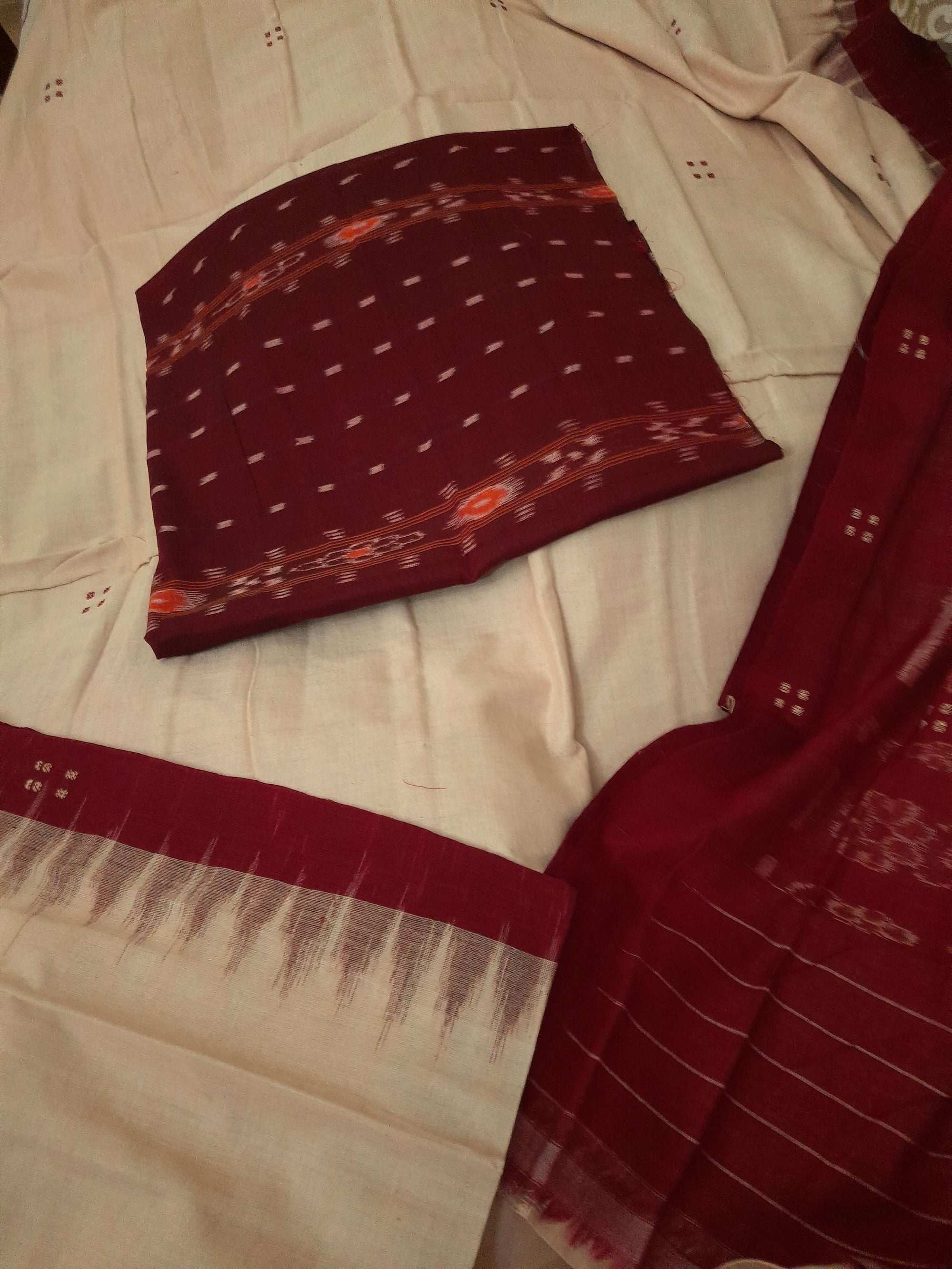 Beige with Maroon Cotton Odisha Ikat saree  with mix match cotton ikat blouse (Copy)