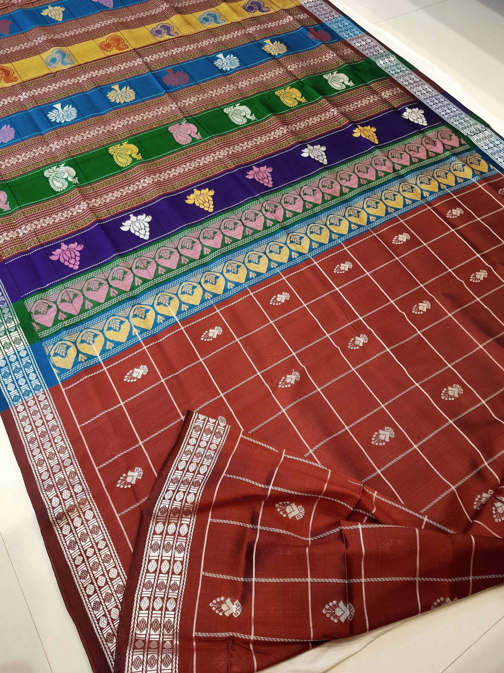 Maroon Checkered Berhampuri Patta Silk Saree with Double Anchal running blouse piece