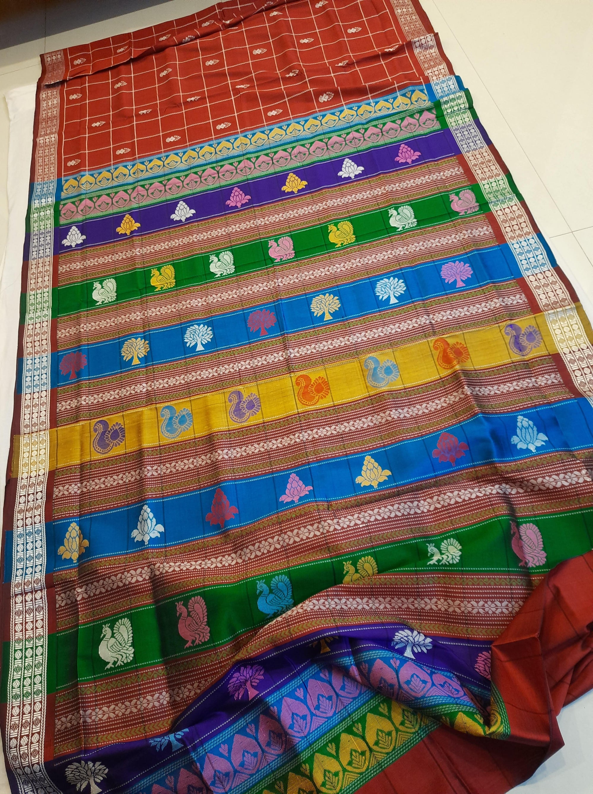 Maroon Checkered Berhampuri Patta Silk Saree with Double Anchal running blouse piece