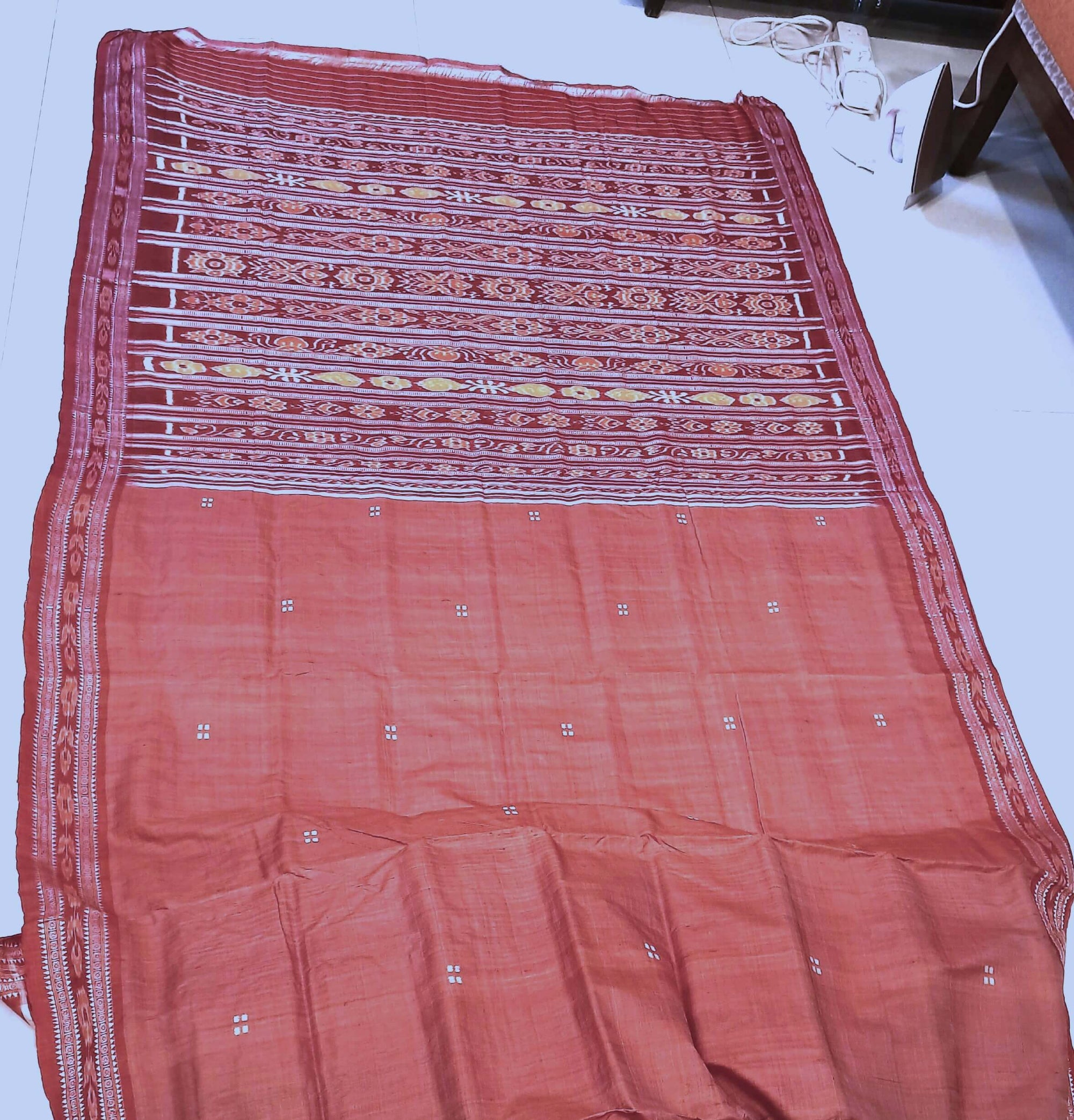 Pink with Red Tussar Silk Patli pleats Odisha Ikat Saree with cotton ikat blouse piece