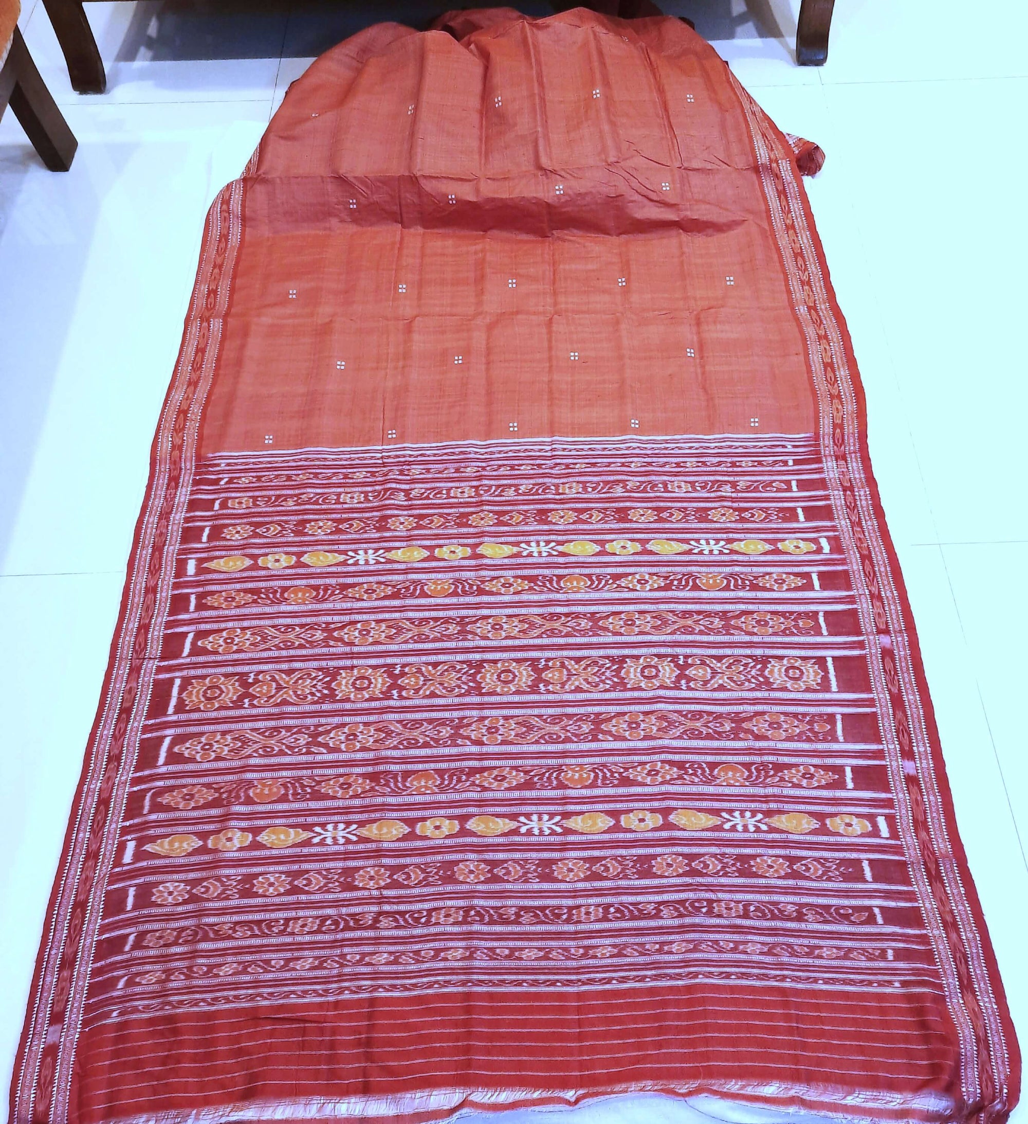 Pink with Red Tussar Silk Patli pleats Odisha Ikat Saree with cotton ikat blouse piece