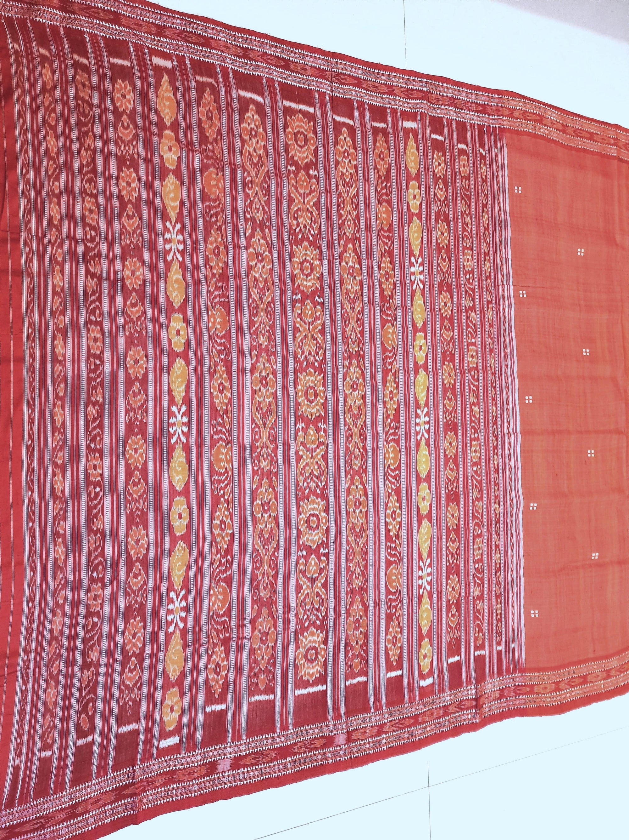 Pink with Red Tussar Silk Patli pleats Odisha Ikat Saree with cotton ikat blouse piece
