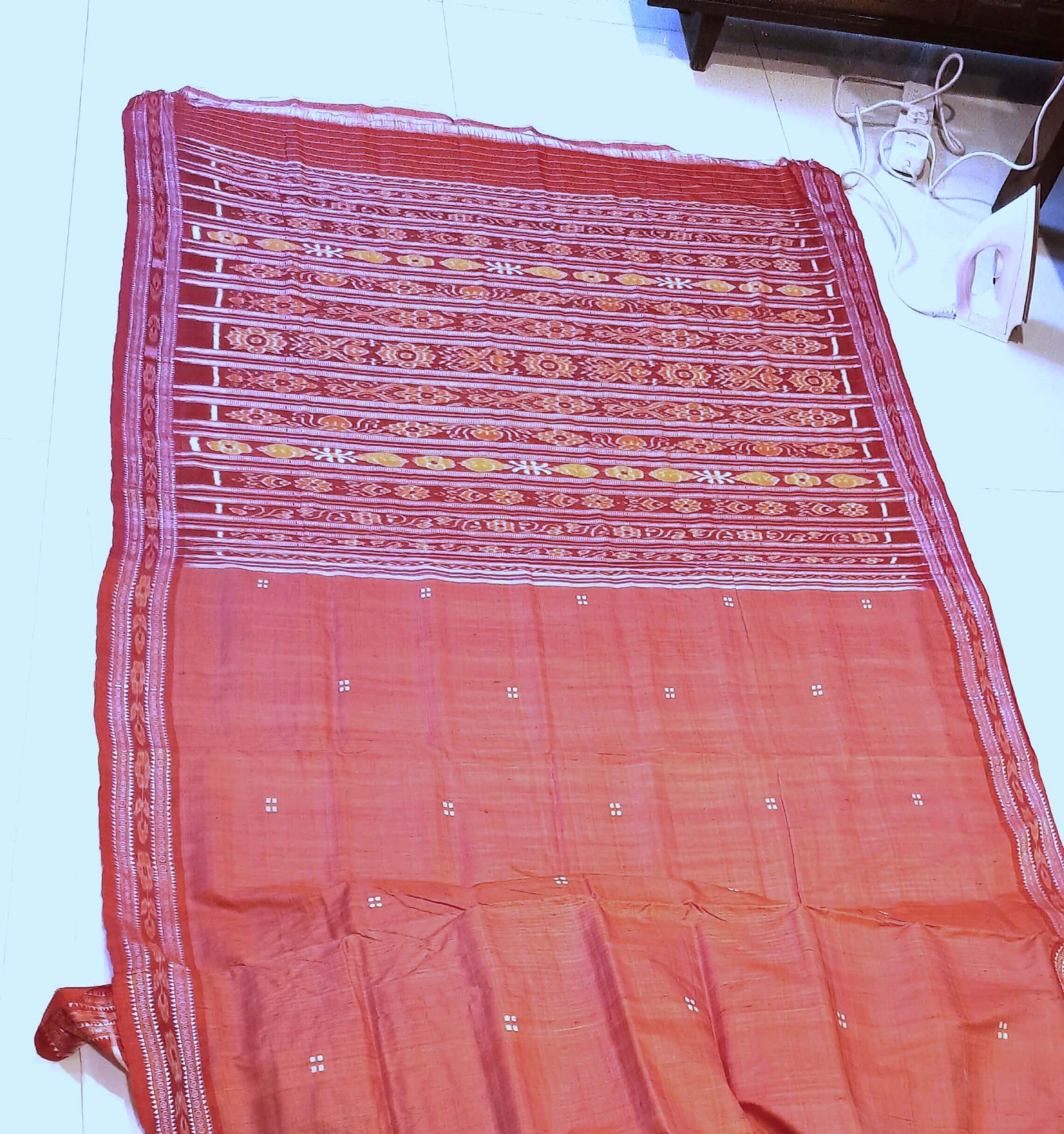 Pink with Red Tussar Silk Patli pleats Odisha Ikat Saree with cotton ikat blouse piece