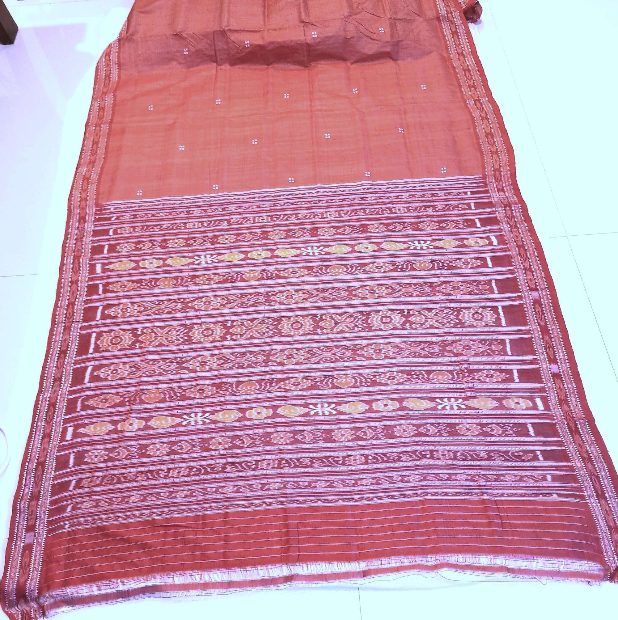 Pink with Red Tussar Silk Patli pleats Odisha Ikat Saree with cotton ikat blouse piece