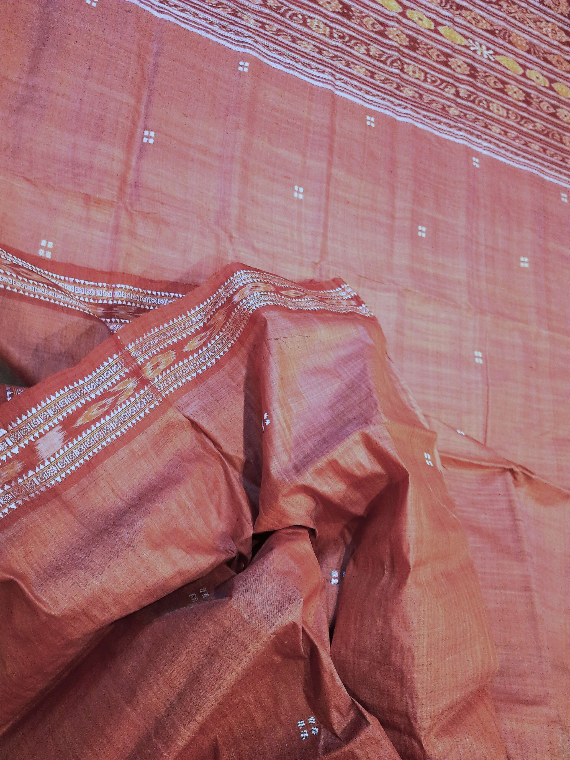 Pink with Red Tussar Silk Patli pleats Odisha Ikat Saree with cotton ikat blouse piece