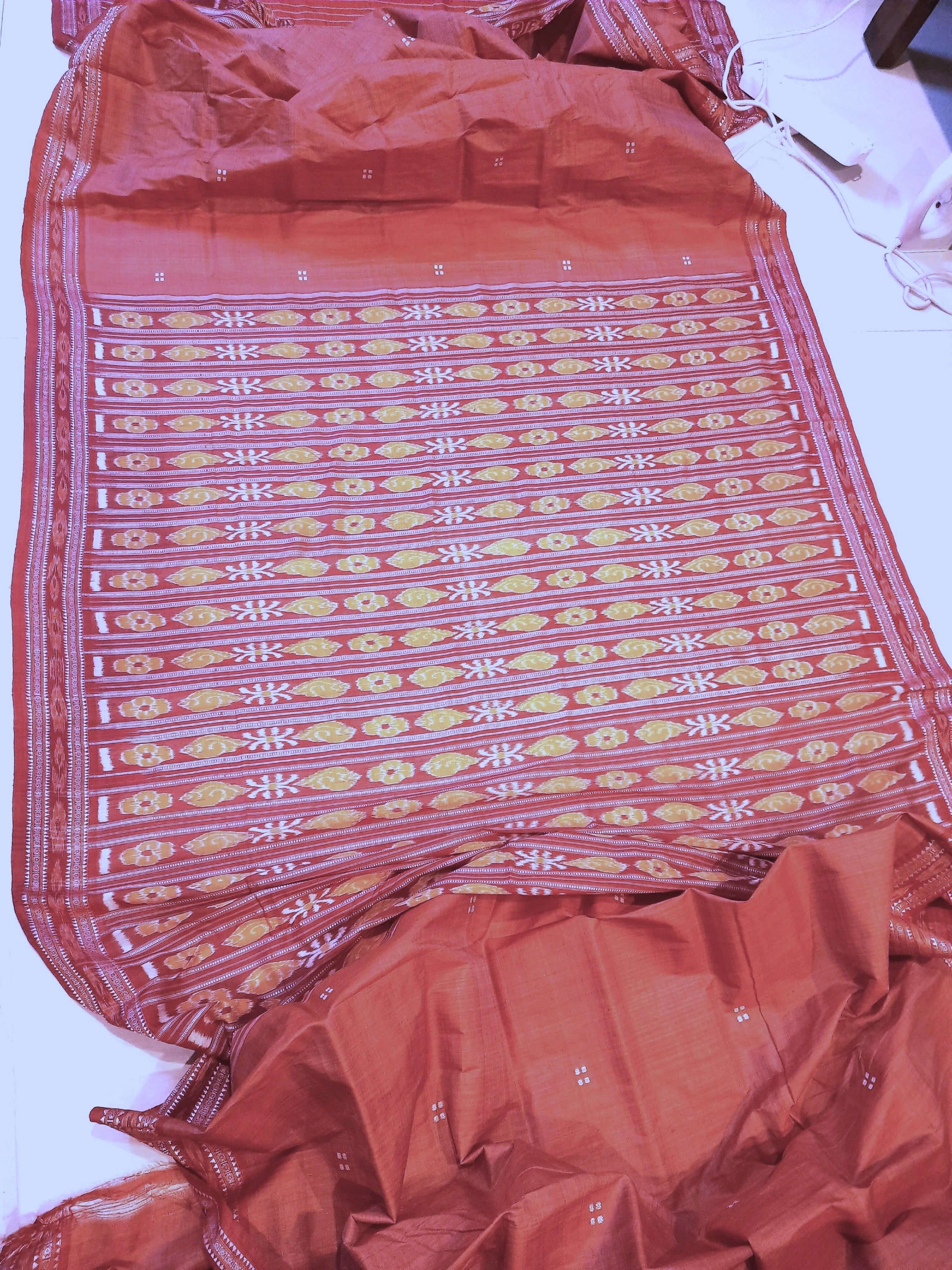 Pink with Red Tussar Silk Patli pleats Odisha Ikat Saree with cotton ikat blouse piece