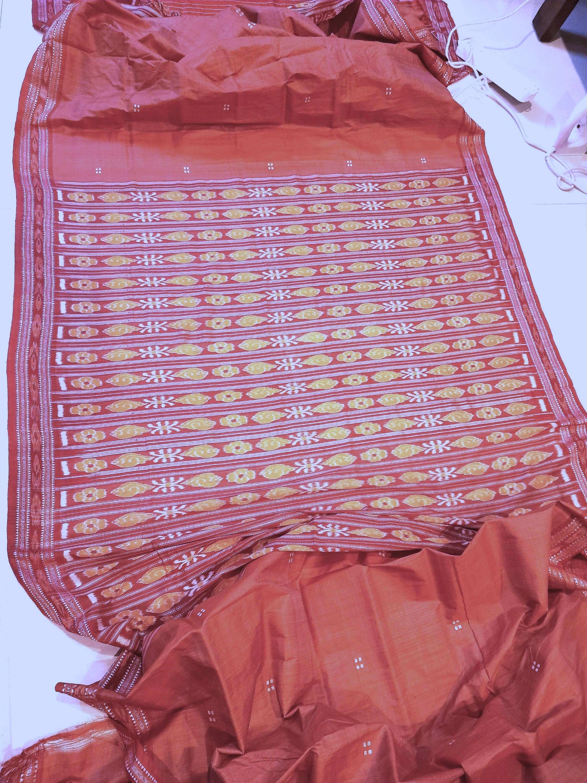 Pink with Red Patli pleats Tussar Silk Odisha Ikat Saree with cotton ikat blouse piece