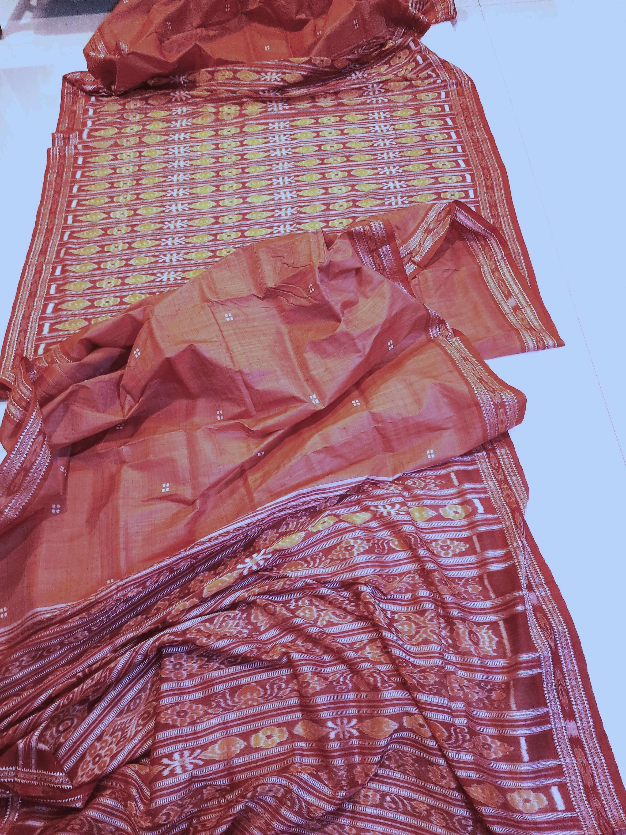 Pink with Red Patli pleats Tussar Silk Odisha Ikat Saree with cotton ikat blouse piece
