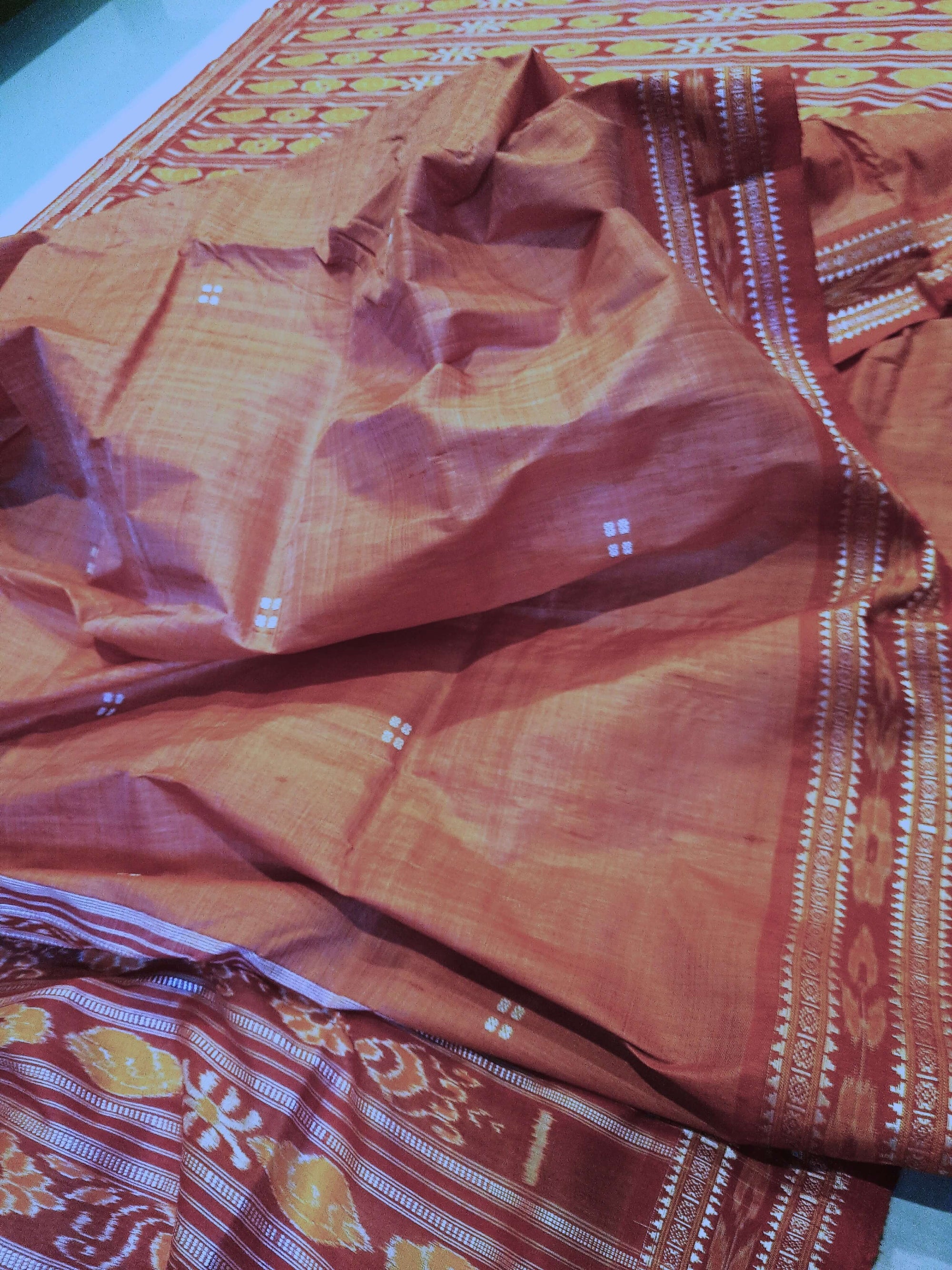 Pink with Red Tussar Silk Patli pleats Odisha Ikat Saree with cotton ikat blouse piece