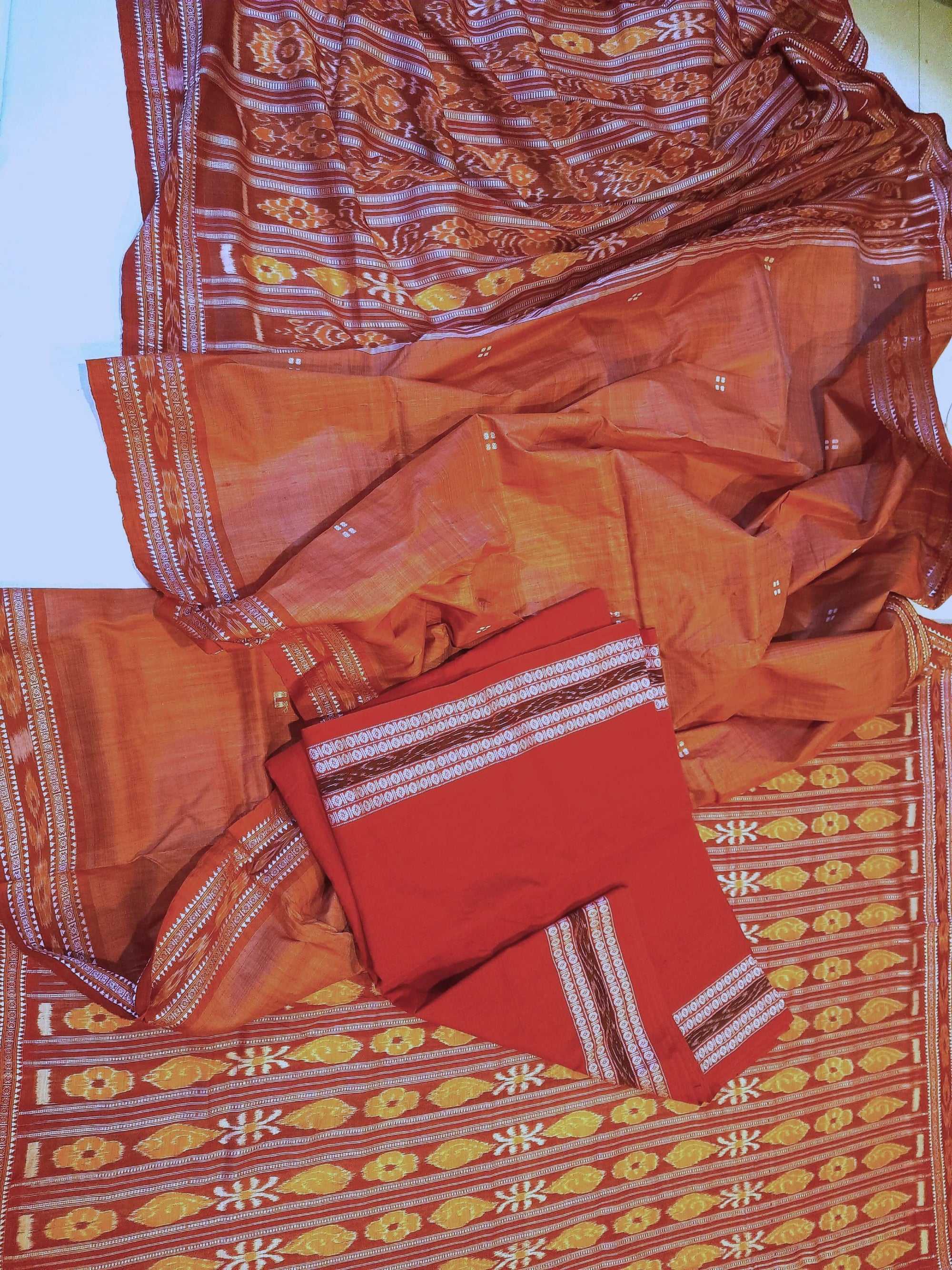 Pink with Red Tussar Silk Patli pleats Odisha Ikat Saree with cotton ikat blouse piece