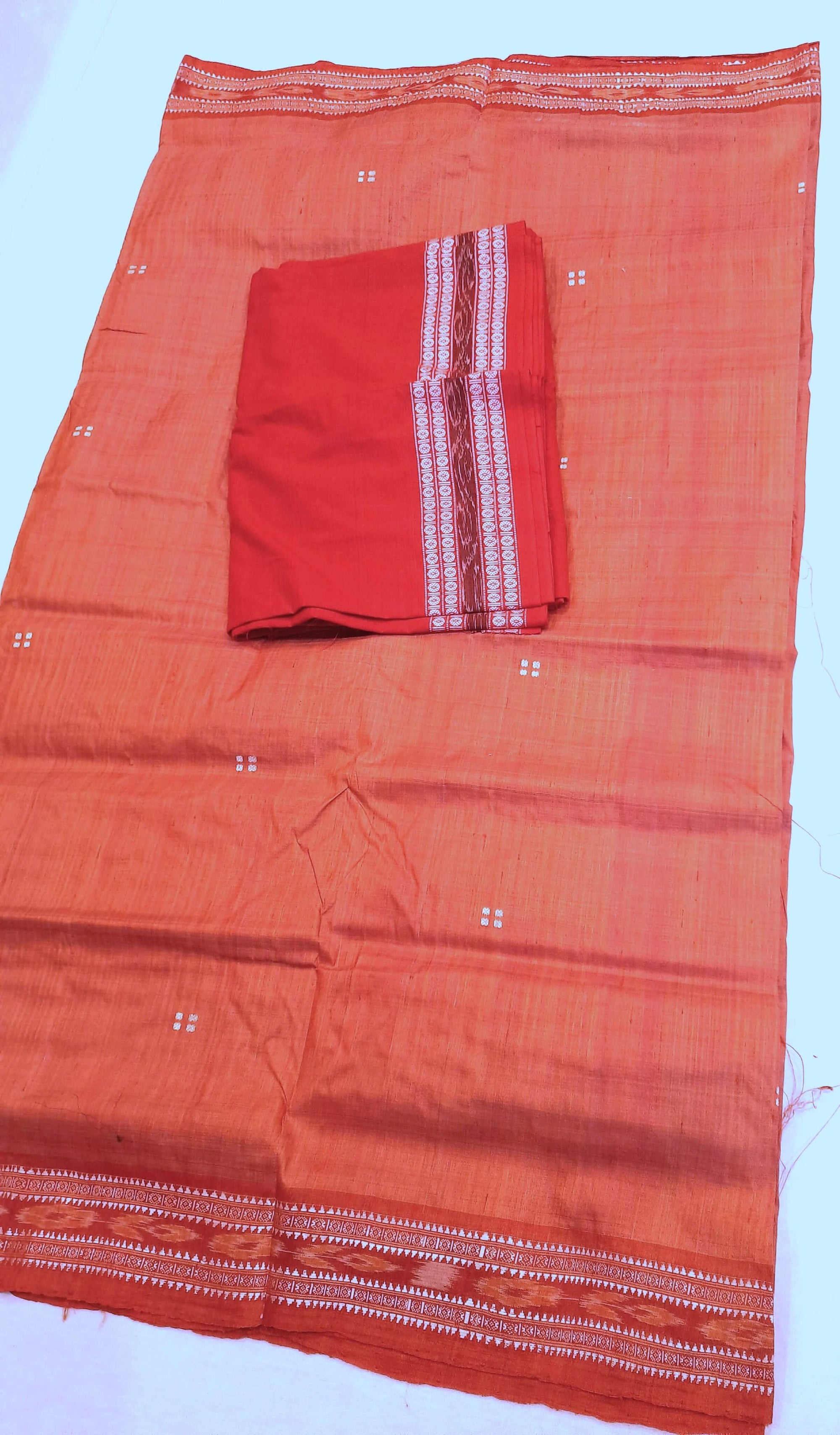 Pink with Red Tussar Silk Patli pleats Odisha Ikat Saree with cotton ikat blouse piece