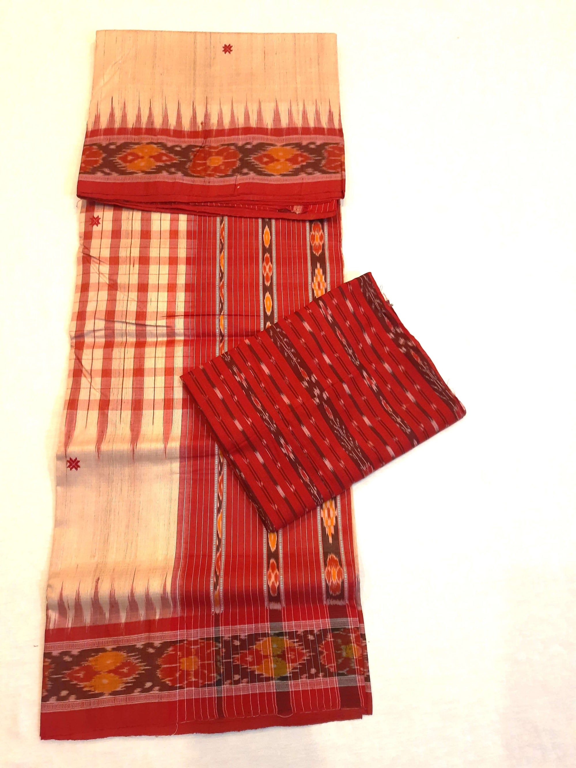 Beige Tussar Silk Odisha Ikat Saree with cotton ikat blouse piece