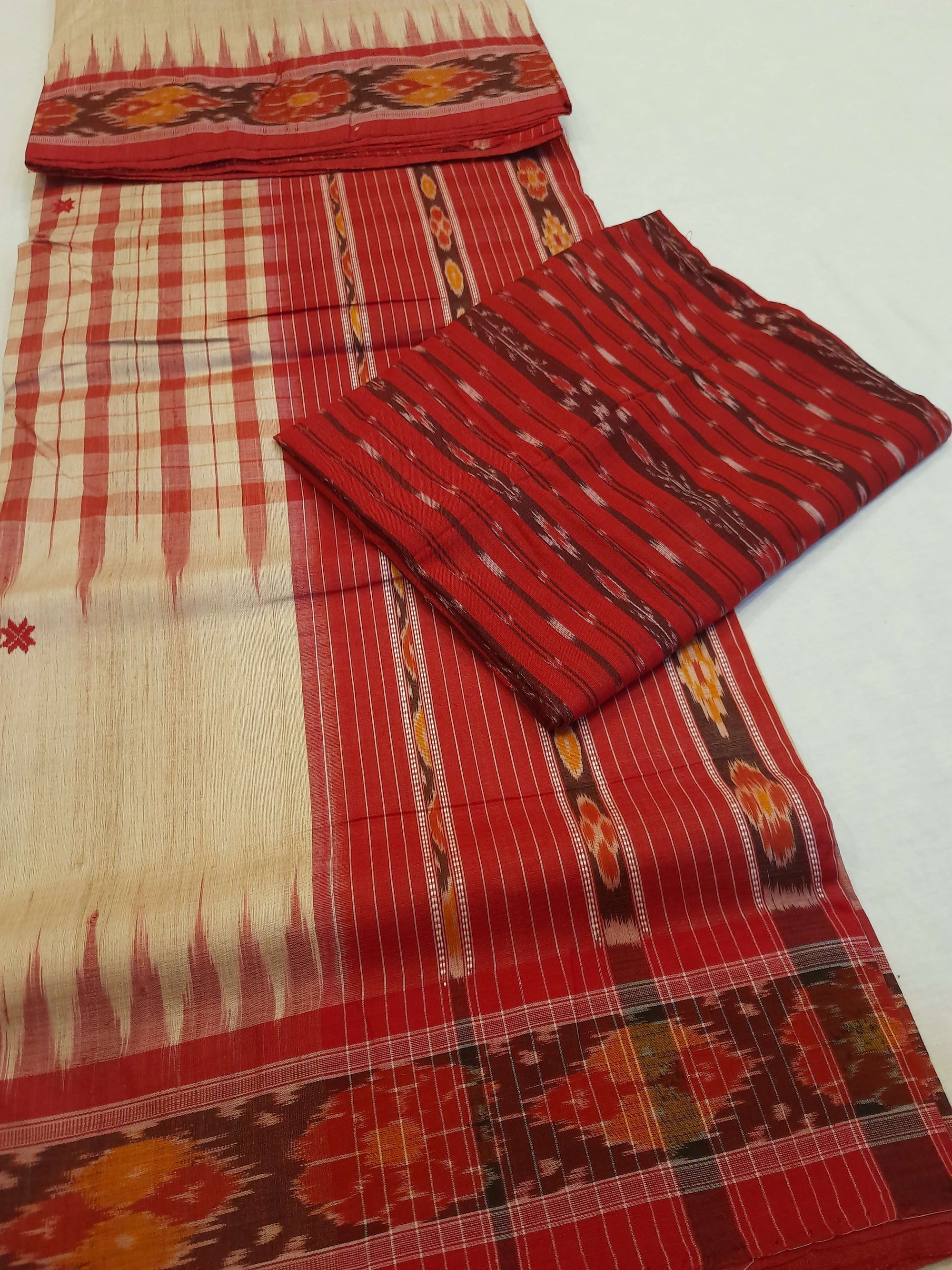 Beige Tussar Silk Odisha Ikat Saree with cotton ikat blouse piece