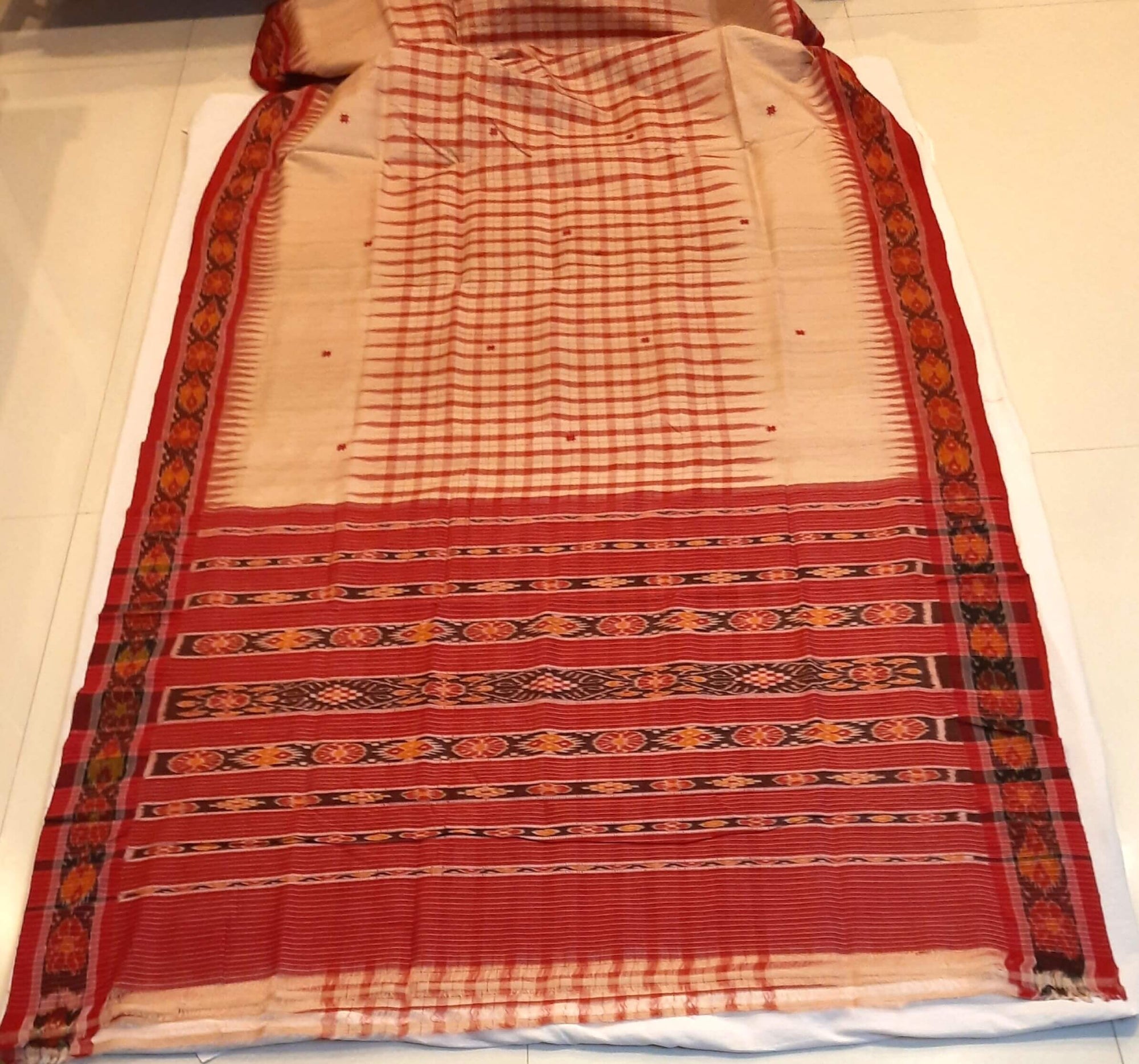 Beige Tussar Silk Odisha Ikat Saree with cotton ikat blouse piece