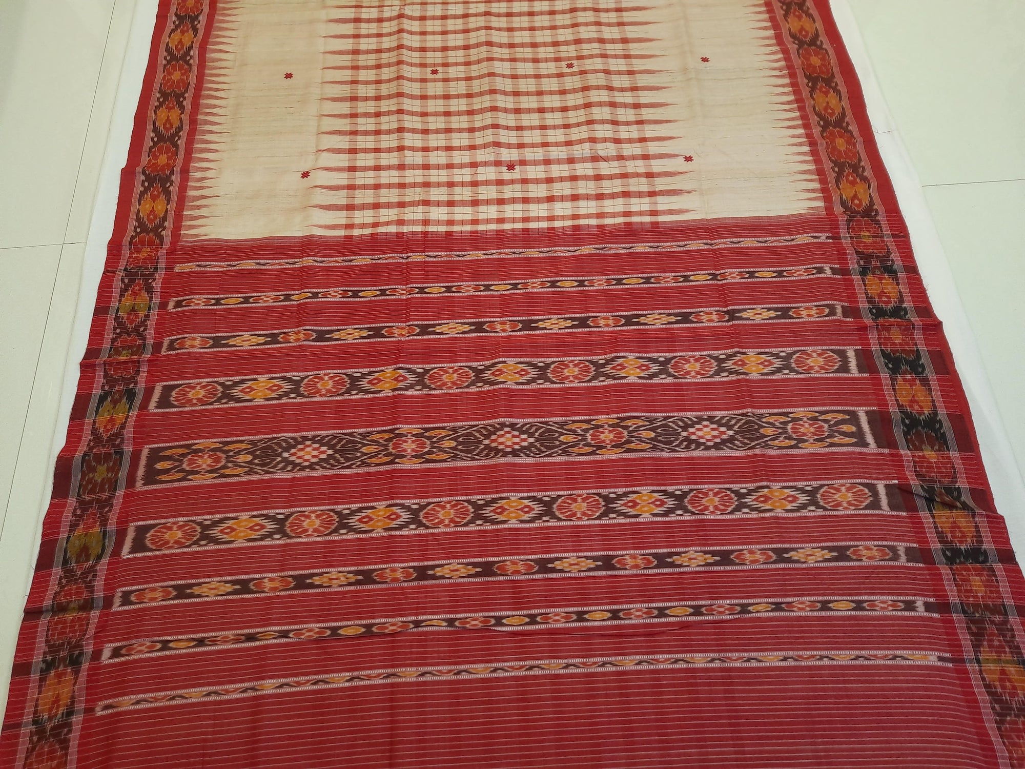 Beige Tussar Silk Odisha Ikat Saree with cotton ikat blouse piece