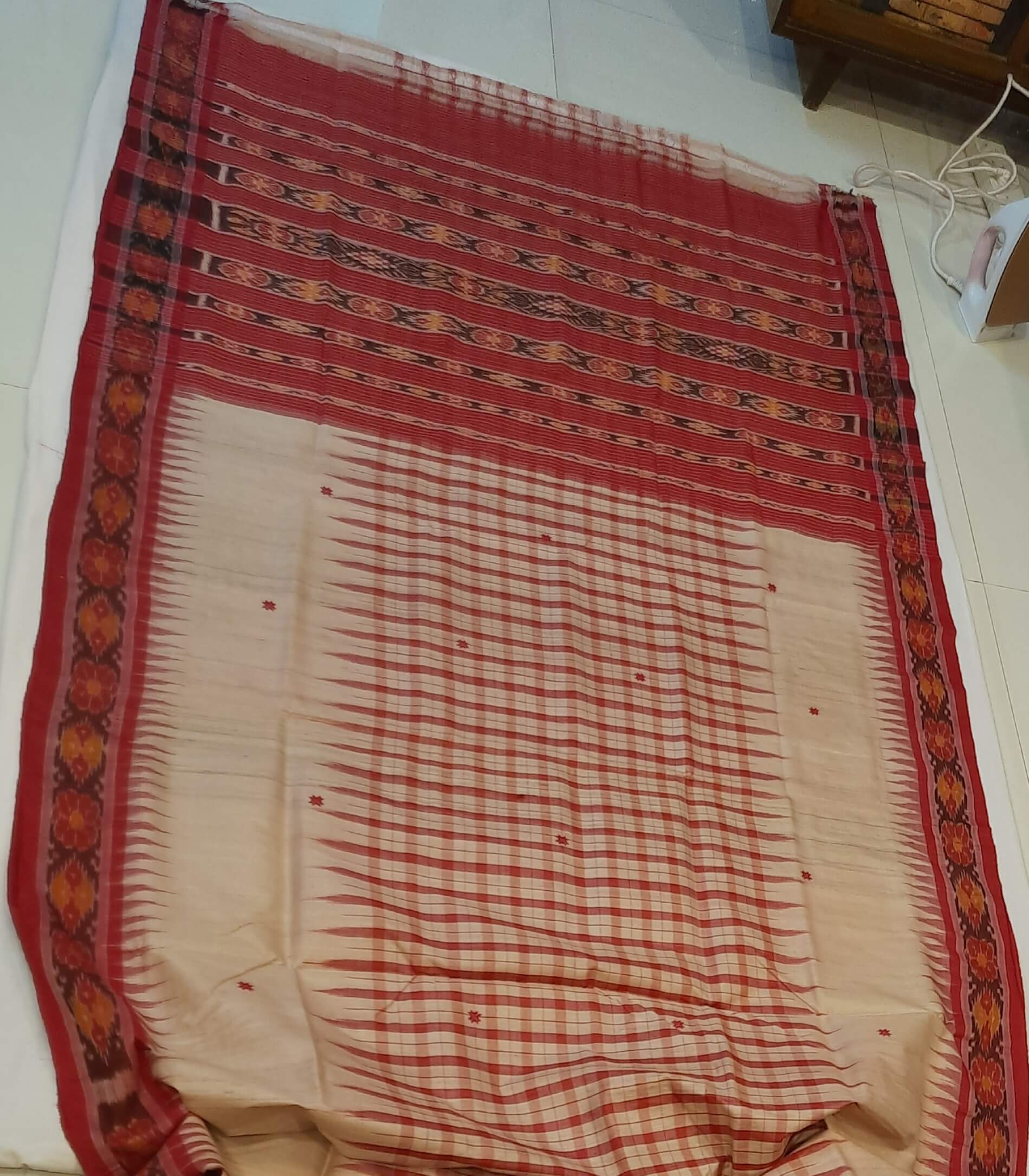 Beige Tussar Silk Odisha Ikat Saree with cotton ikat blouse piece