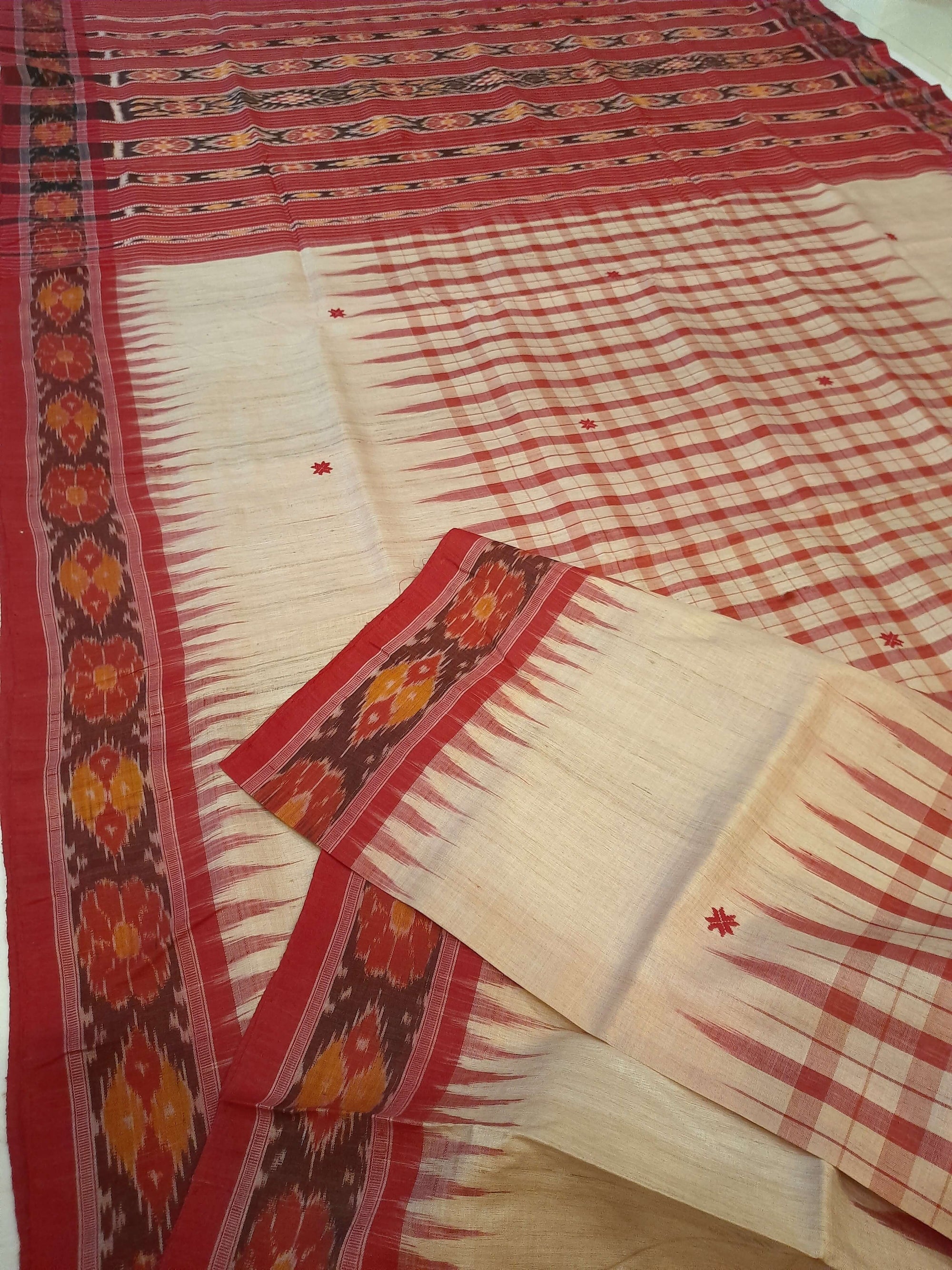 Beige Tussar Silk Odisha Ikat Saree with cotton ikat blouse piece