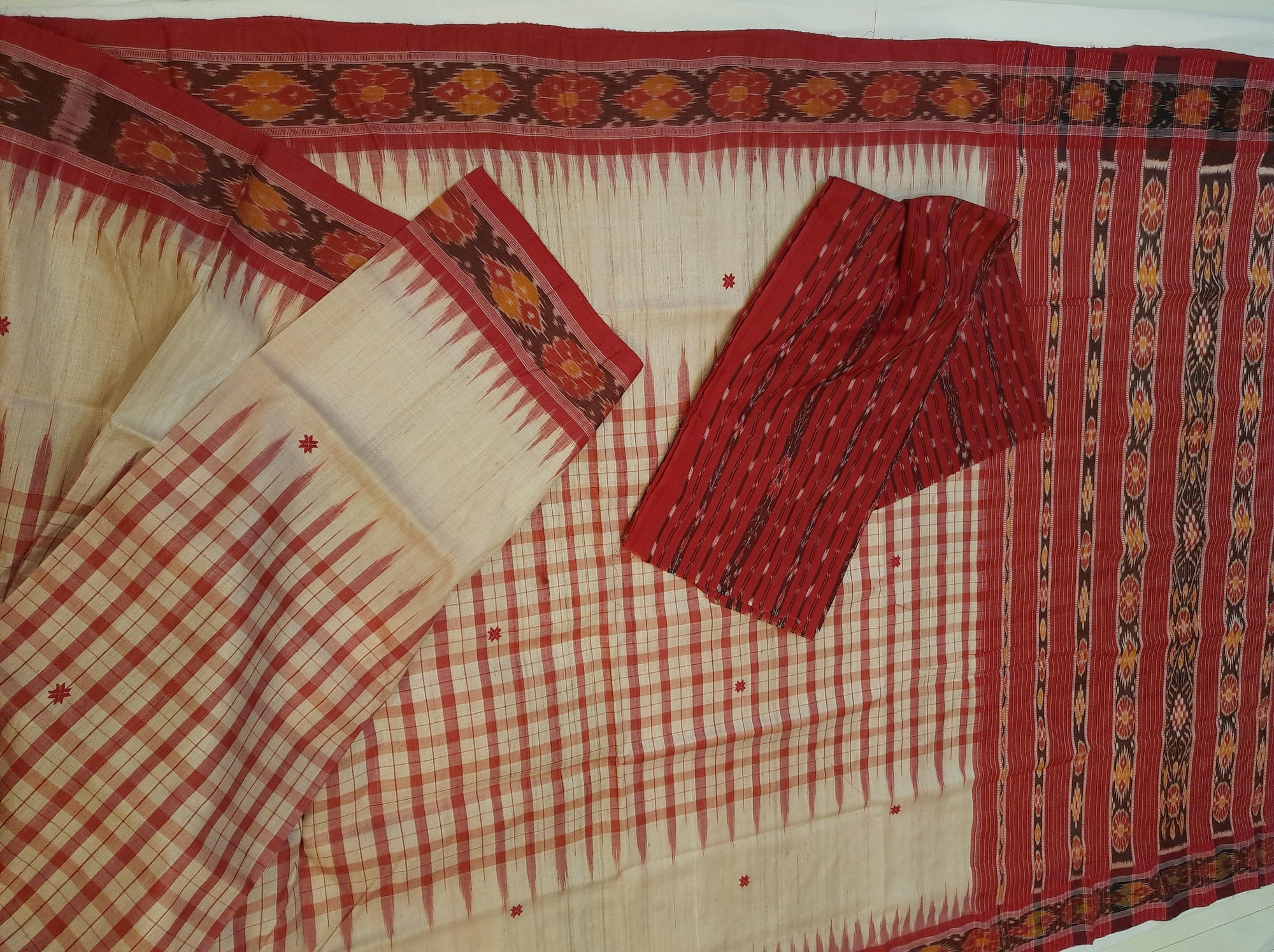 Beige Tussar Silk Odisha Ikat Saree with cotton ikat blouse piece