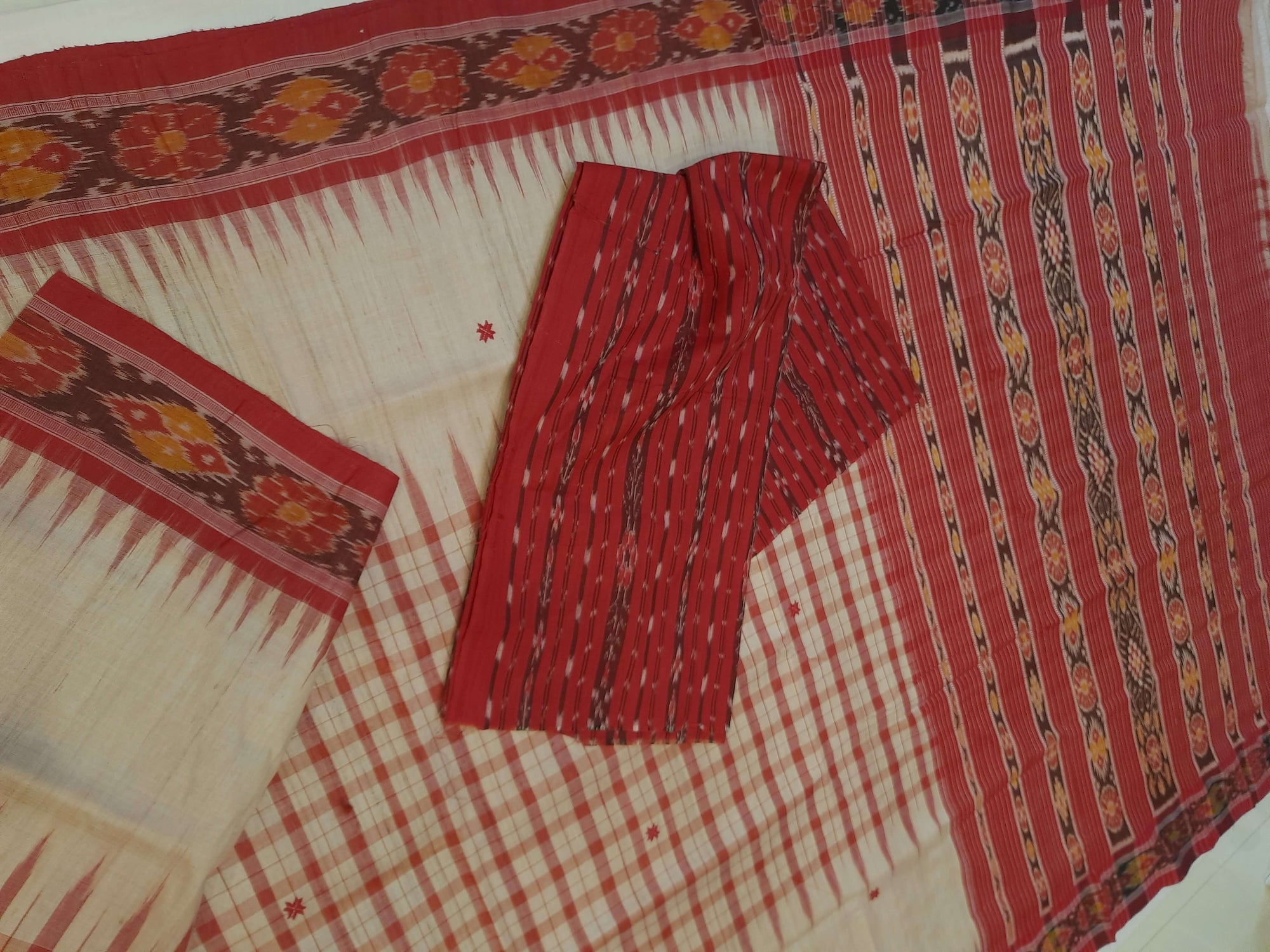 Beige Tussar Silk Odisha Ikat Saree with cotton ikat blouse piece