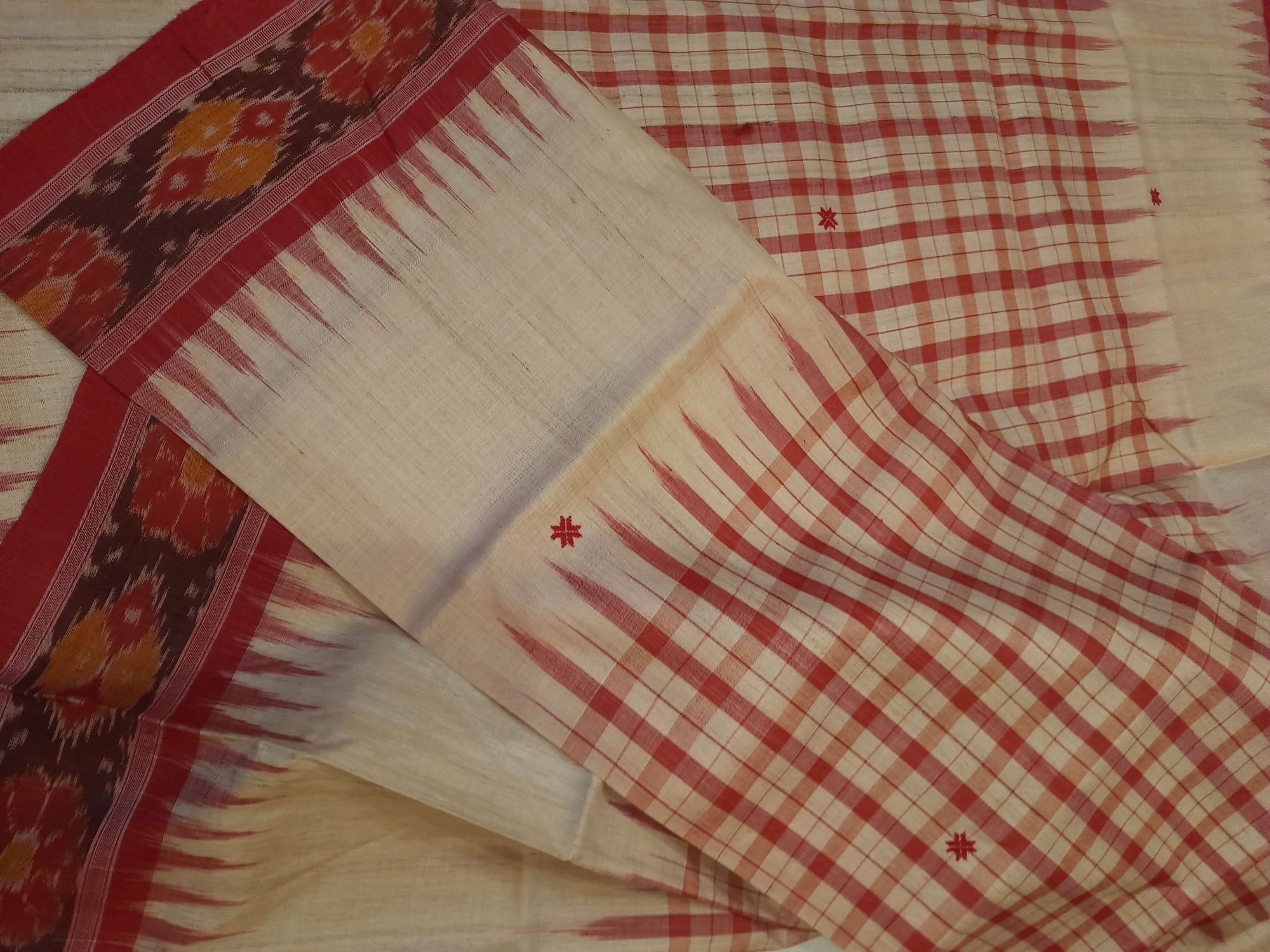 Beige Tussar Silk Odisha Ikat Saree with cotton ikat blouse piece