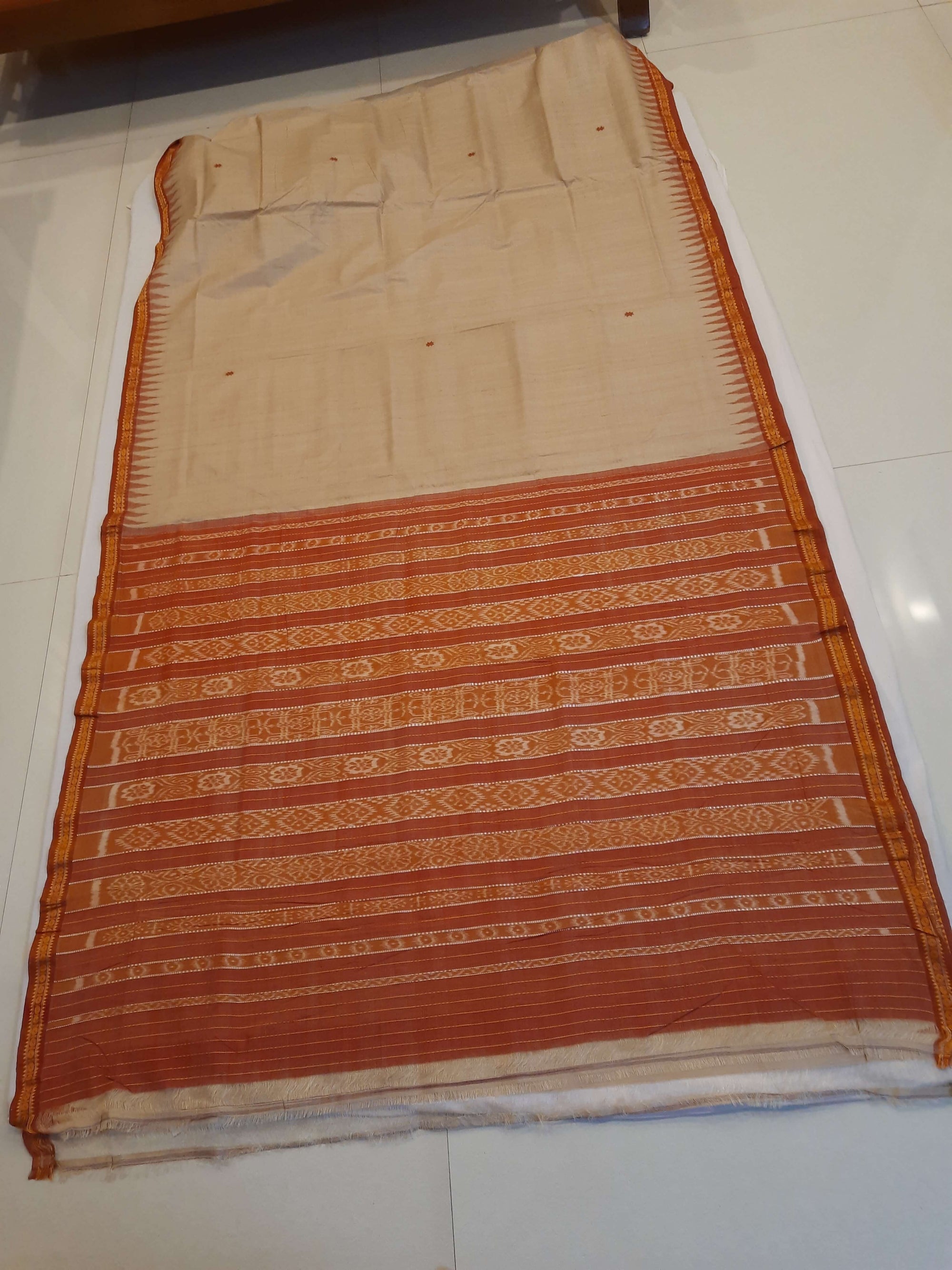 Beige Tussar Silk Odisha Ikat Saree with cotton ikat blouse piece