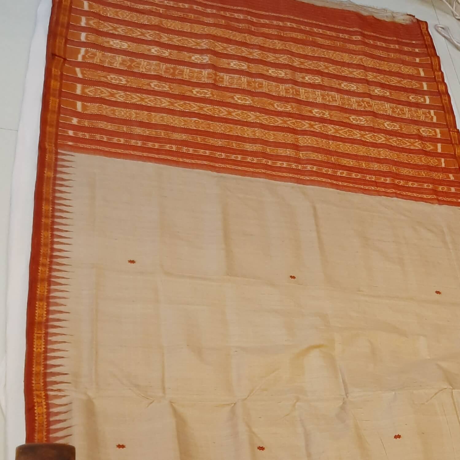 Beige Tussar Silk Odisha Ikat Saree with cotton ikat blouse piece