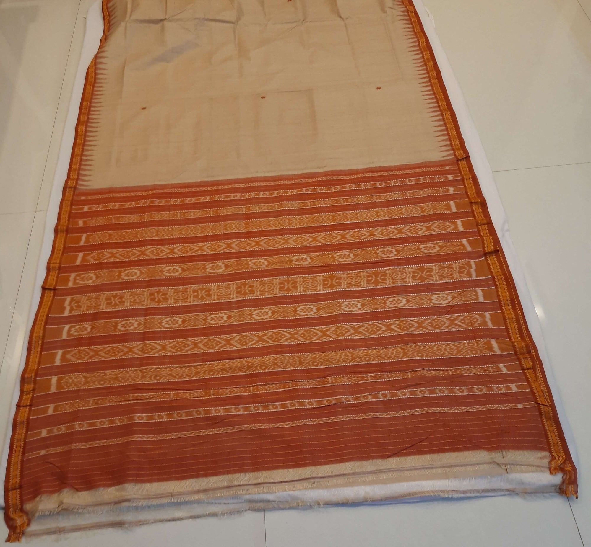Beige Tussar Silk Odisha Ikat Saree with cotton ikat blouse piece