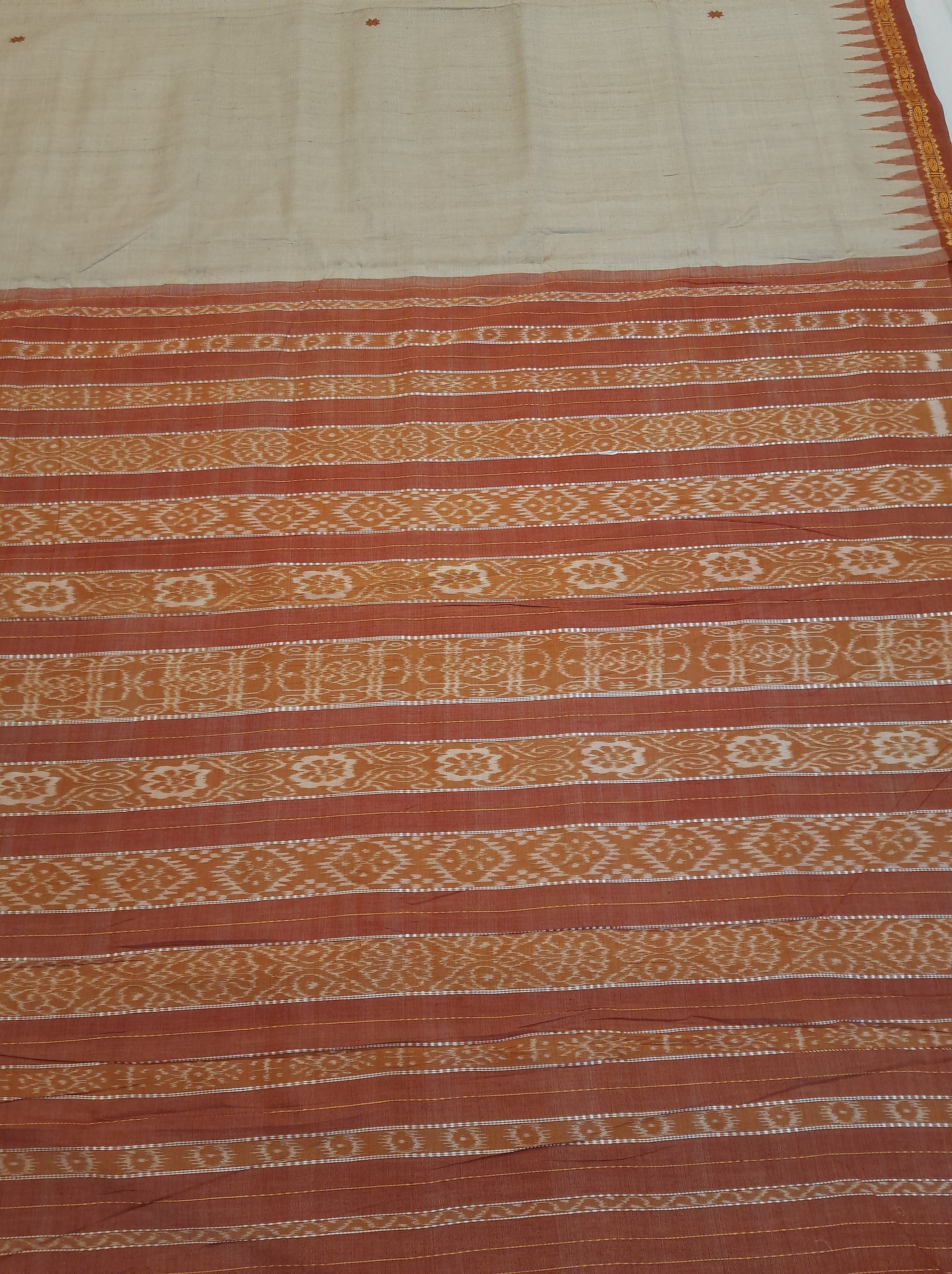 Beige Tussar Silk Odisha Ikat Saree with cotton ikat blouse piece