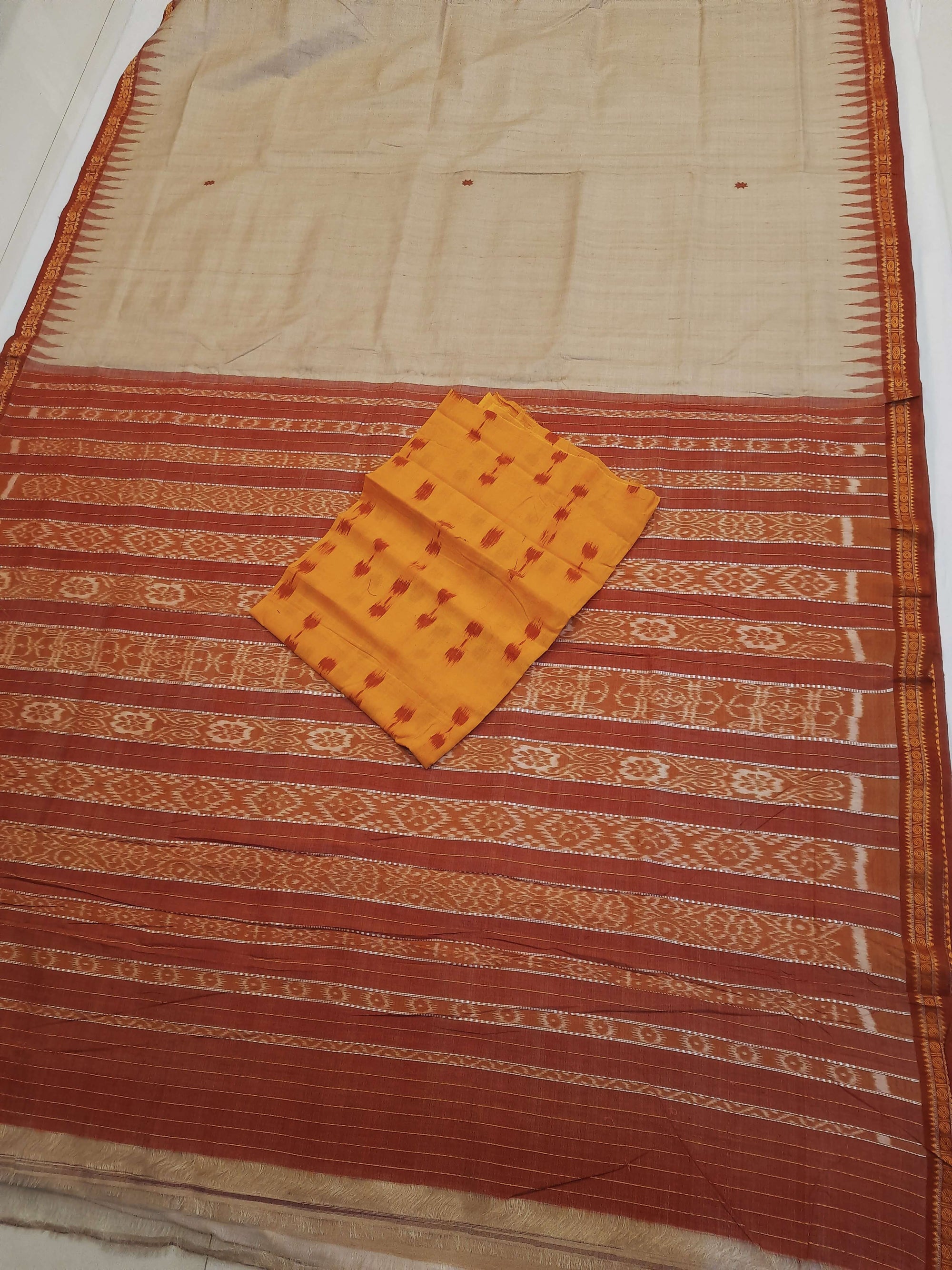 Beige Tussar Silk Odisha Ikat Saree with cotton ikat blouse piece