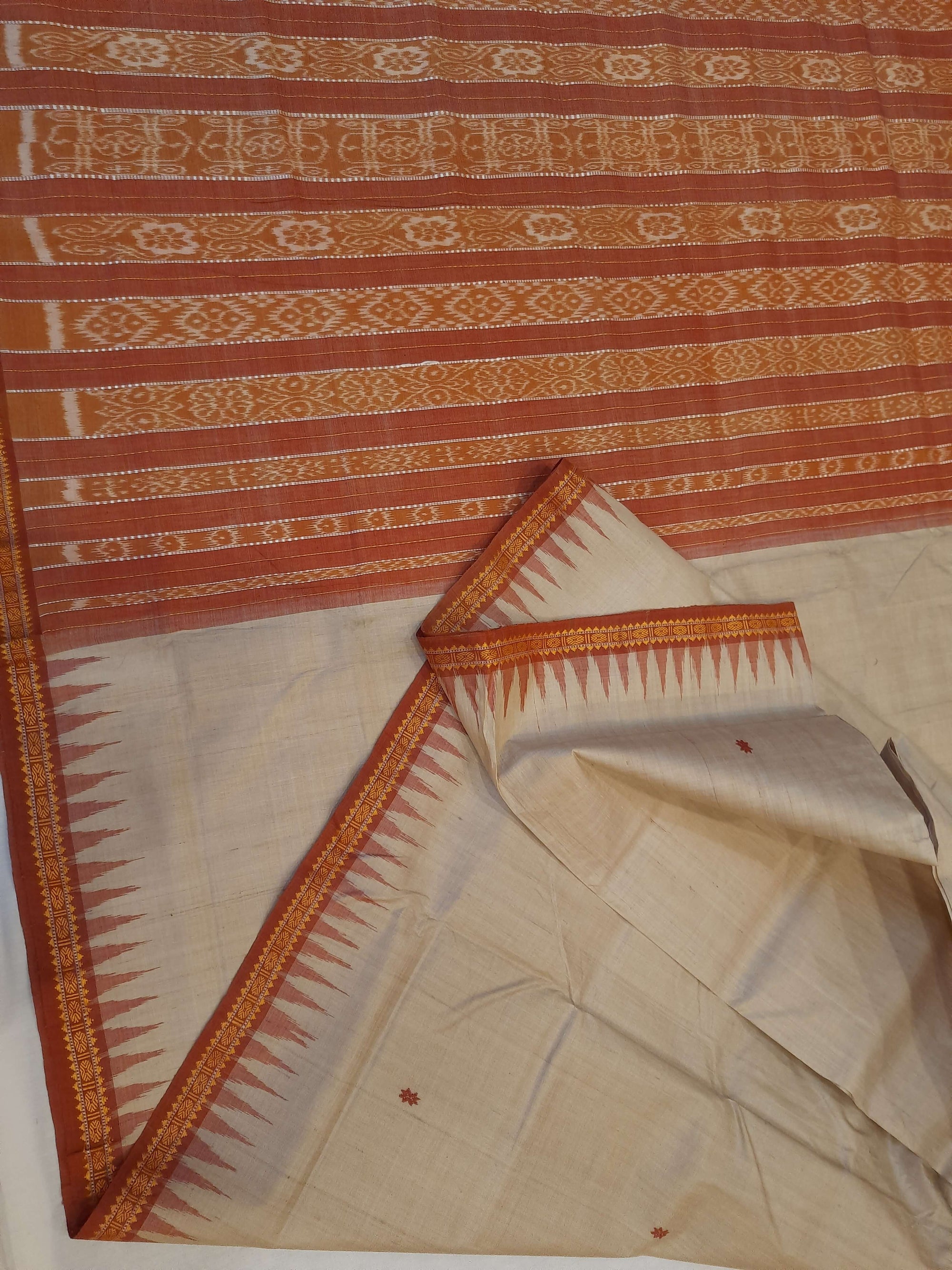 Beige Tussar Silk Odisha Ikat Saree with cotton ikat blouse piece