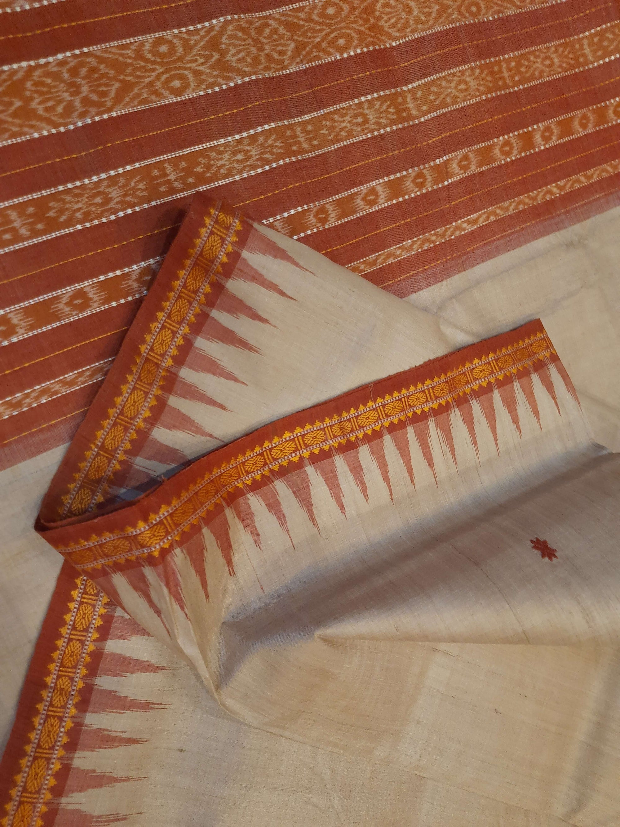 Beige Tussar Silk Odisha Ikat Saree with cotton ikat blouse piece