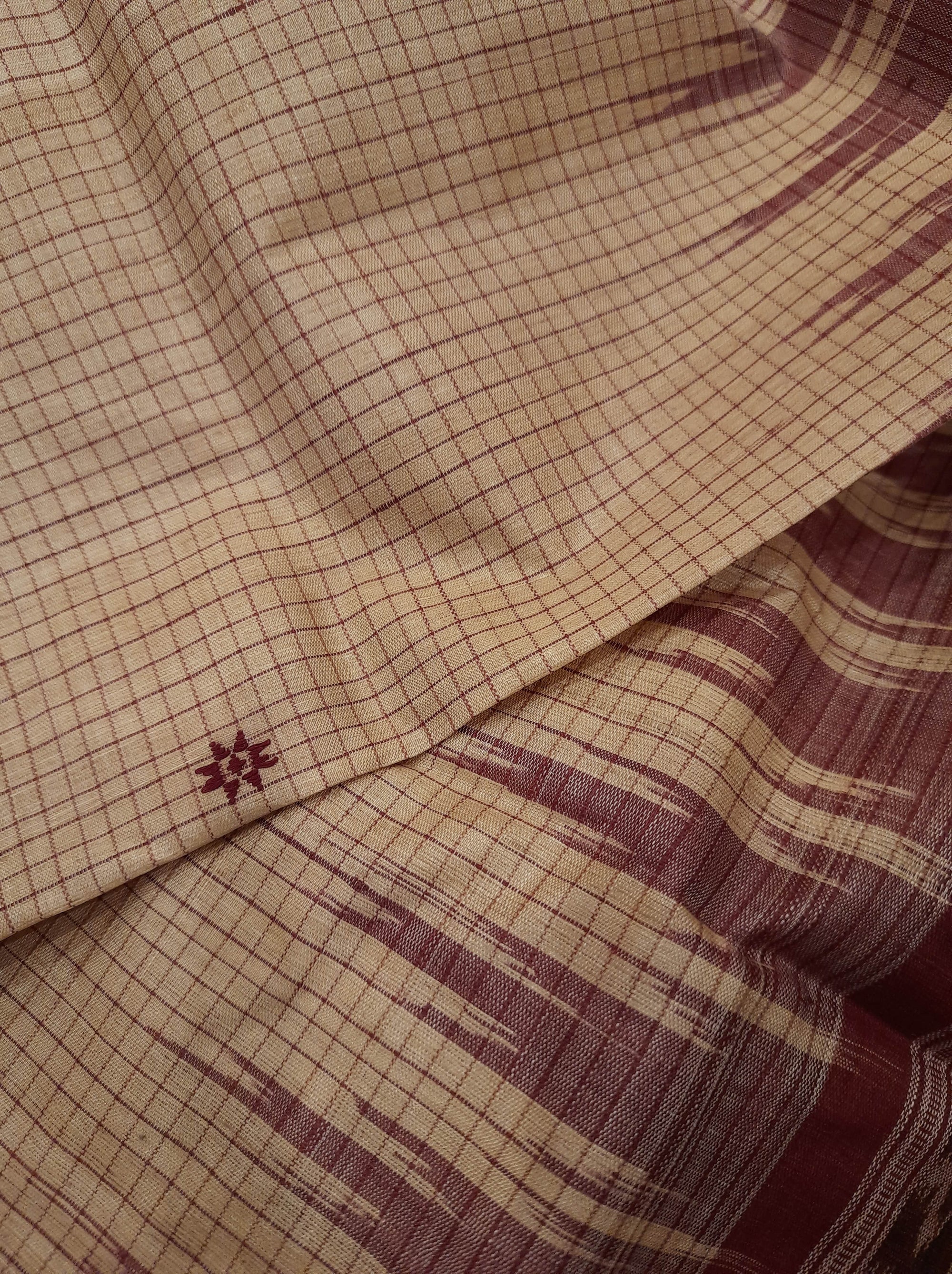 Beige checkered body Tussar Silk Odisha Ikat Saree with cotton ikat blouse piece