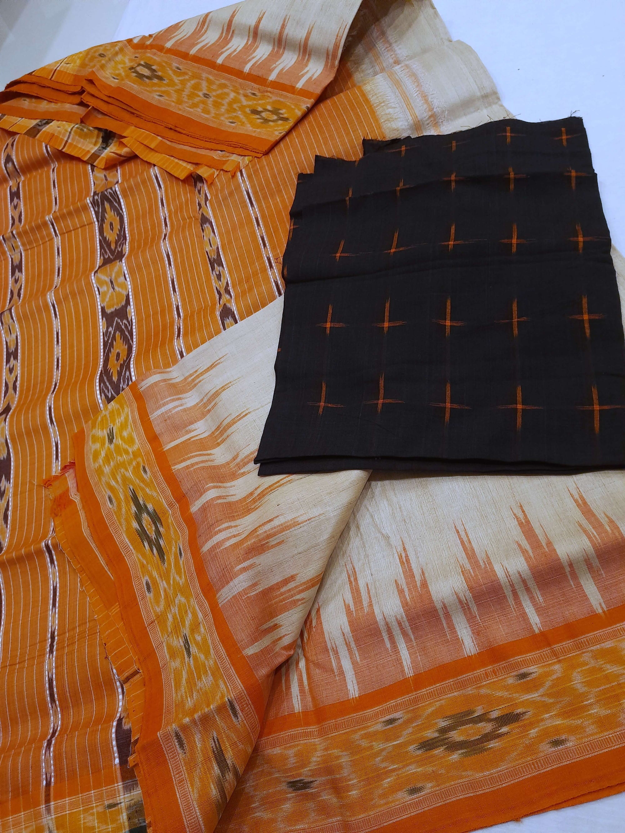 Beige with Orange Tussar Silk Odisha Ikat Saree with cotton ikat blouse piece