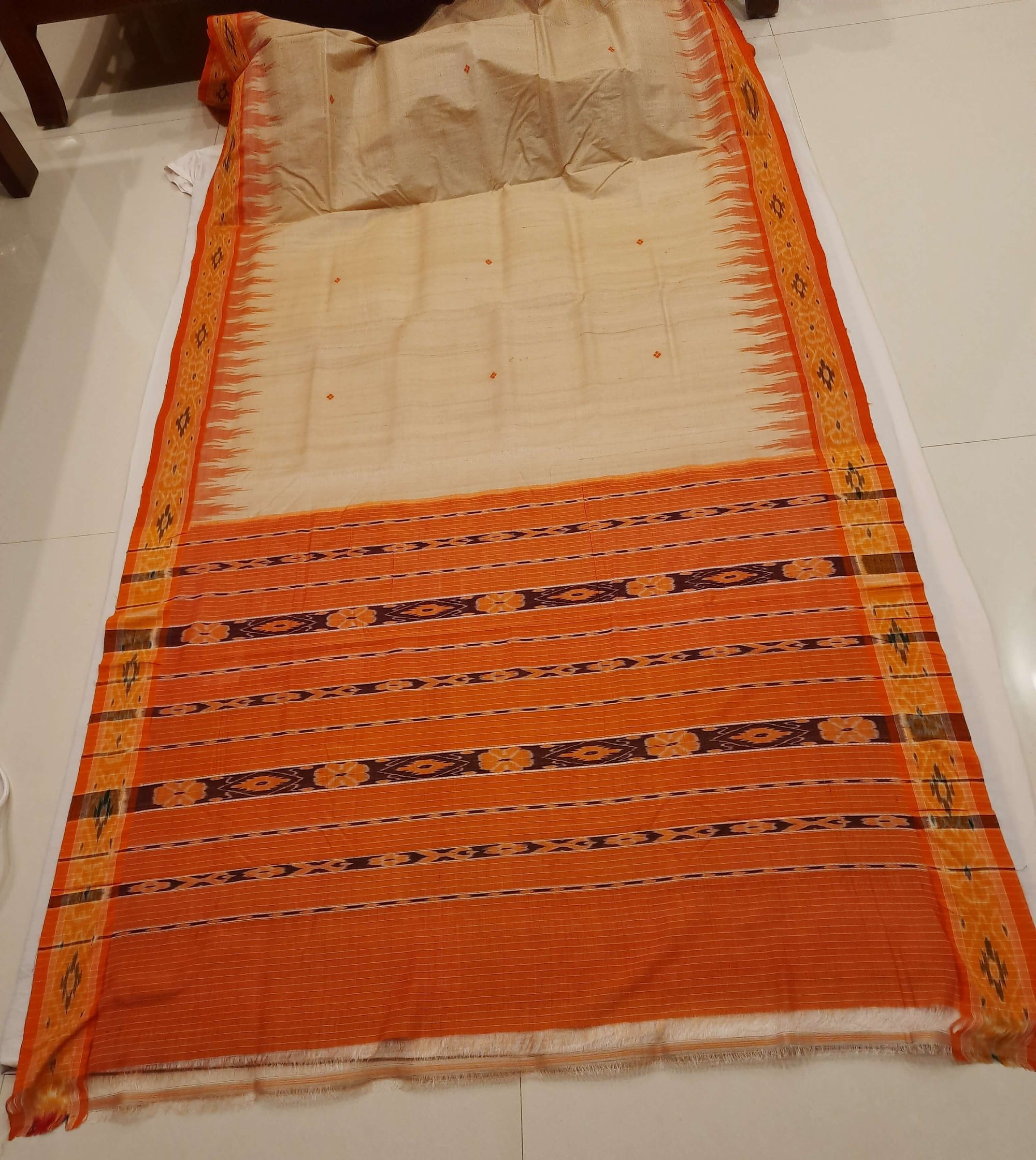 Beige with Orange Tussar Silk Odisha Ikat Saree with cotton ikat blouse piece