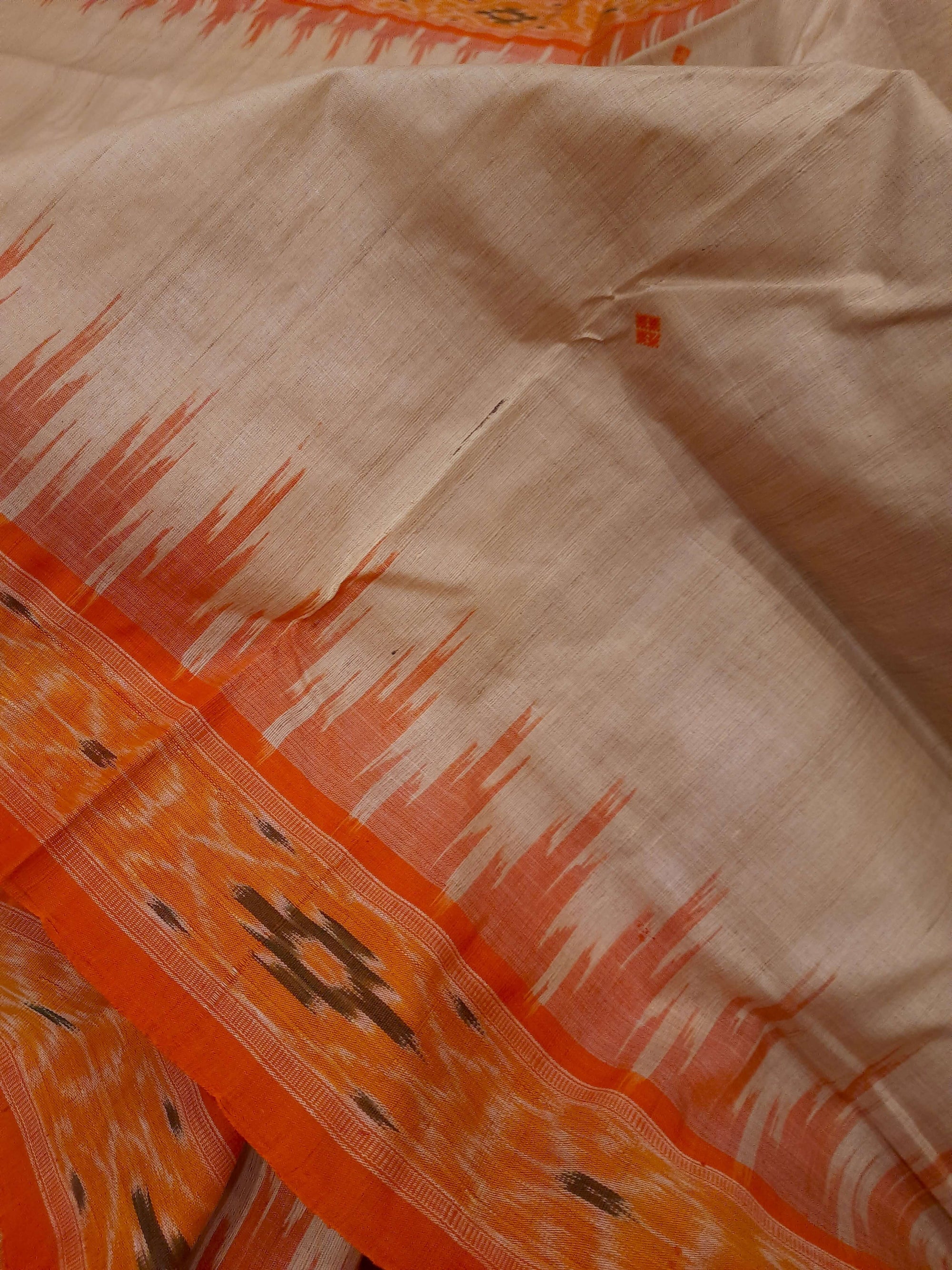 Beige with Orange Tussar Silk Odisha Ikat Saree with cotton ikat blouse piece