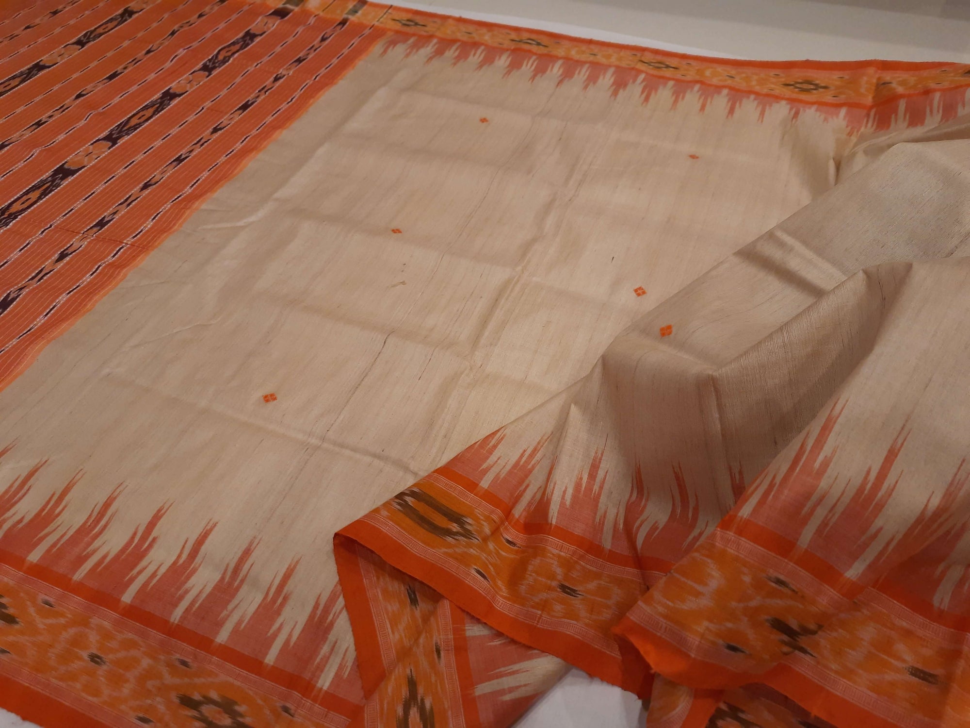 Beige with Orange Tussar Silk Odisha Ikat Saree with cotton ikat blouse piece