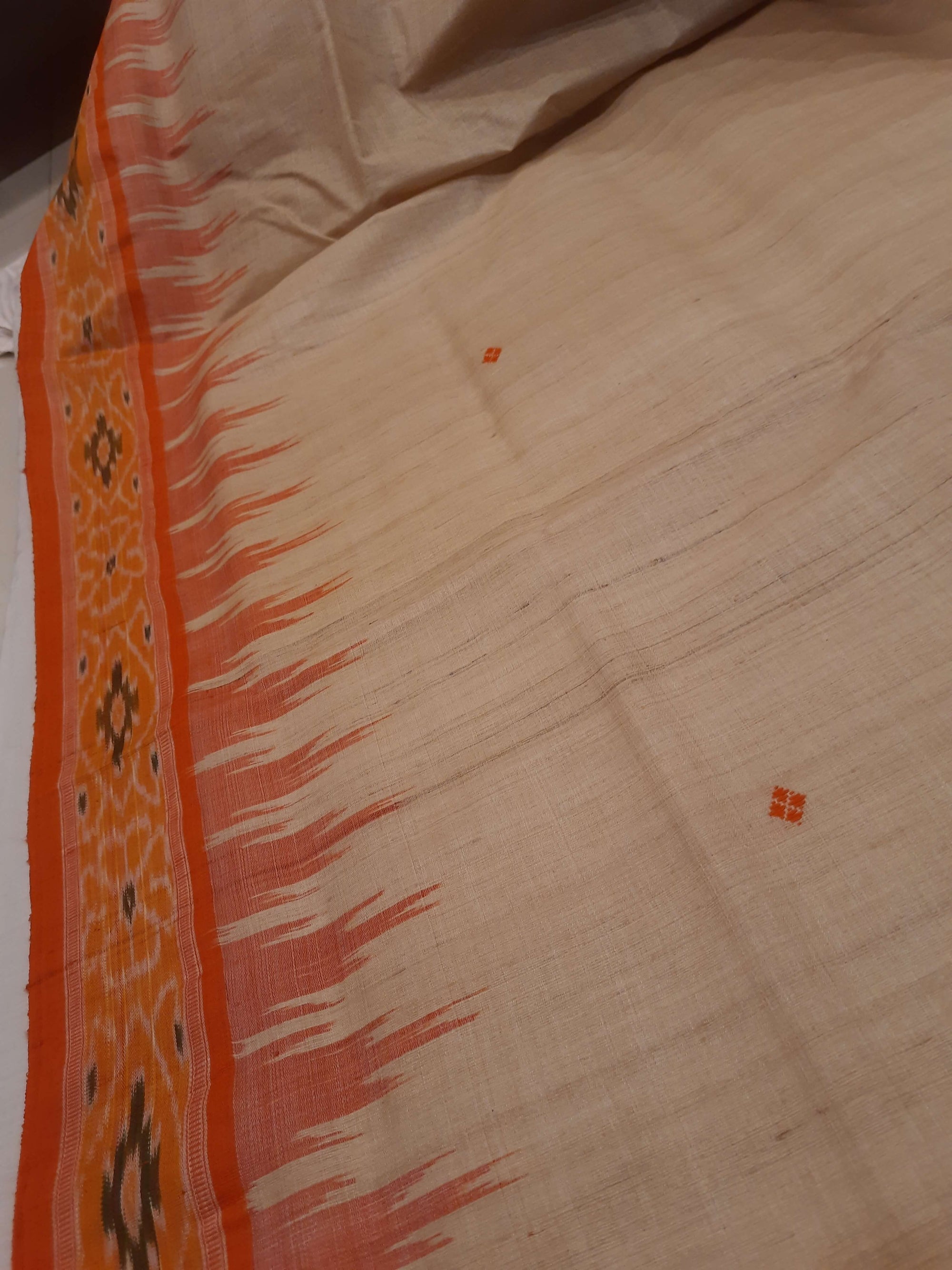 Beige with Orange Tussar Silk Odisha Ikat Saree with cotton ikat blouse piece