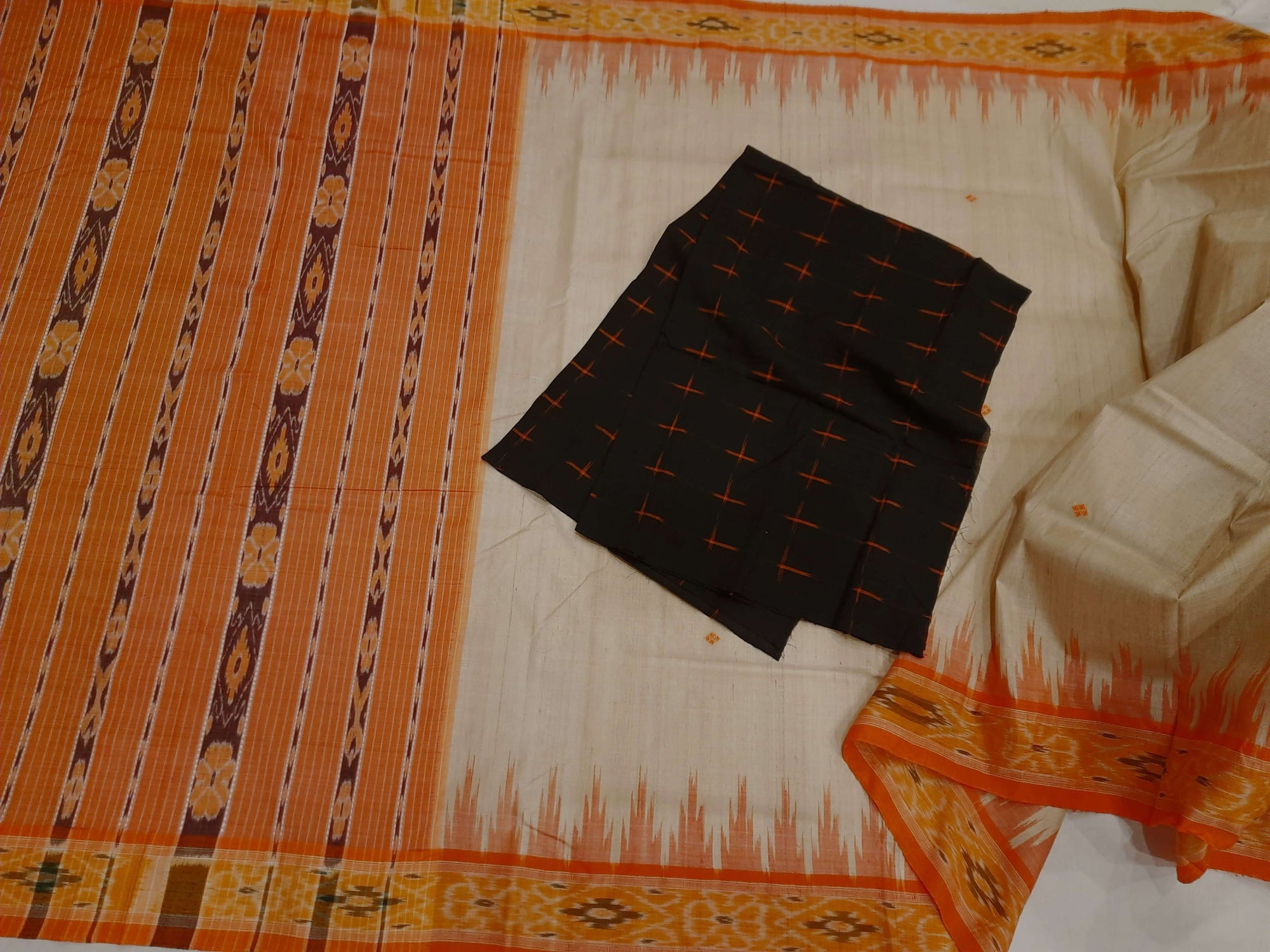 Beige with Orange Tussar Silk Odisha Ikat Saree with cotton ikat blouse piece