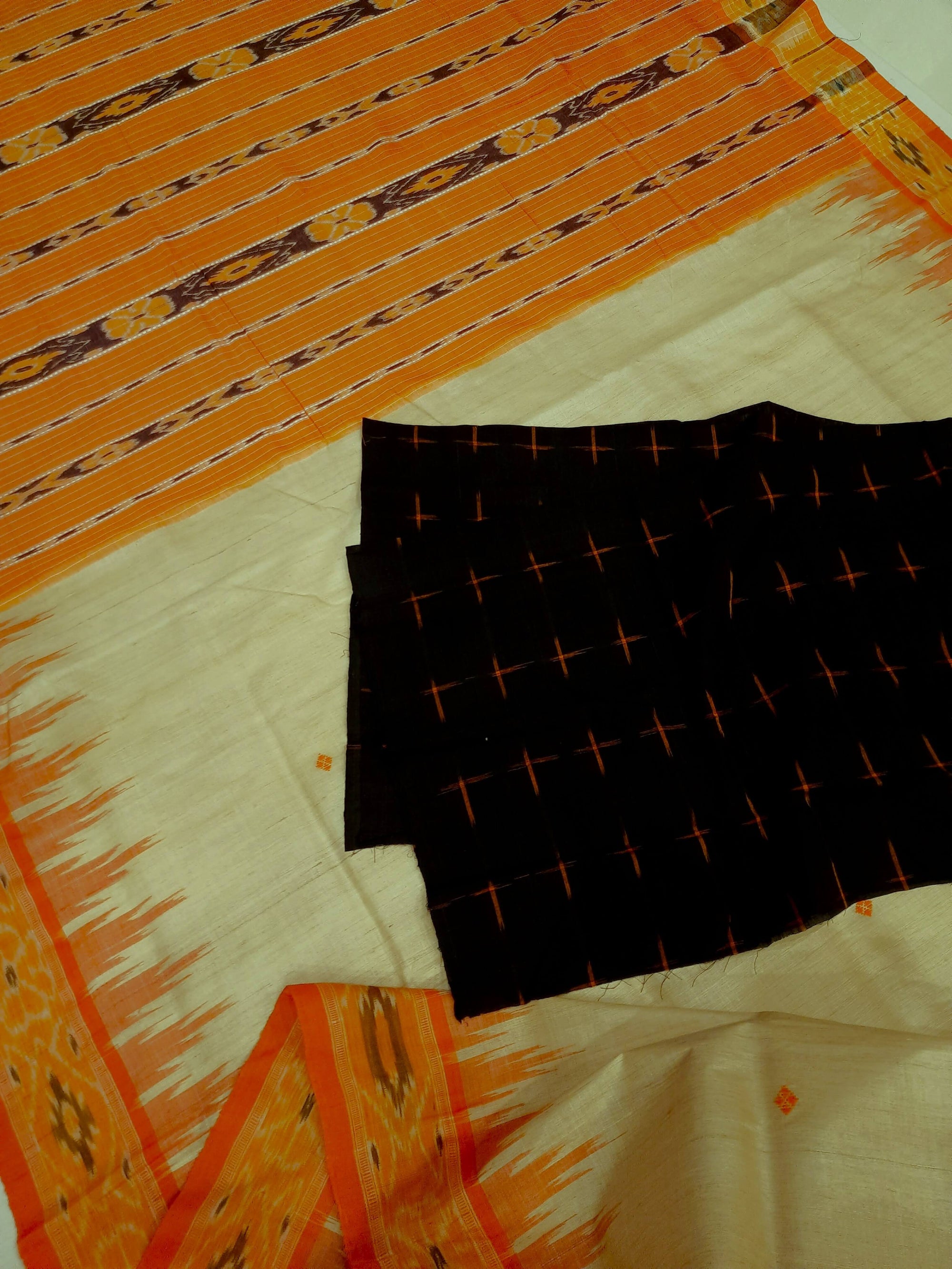 Beige with Orange Tussar Silk Odisha Ikat Saree with cotton ikat blouse piece