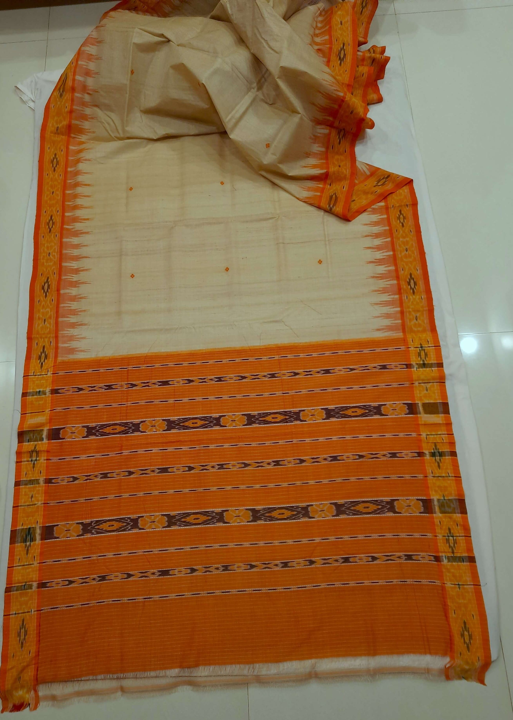 Beige with Orange Tussar Silk Odisha Ikat Saree with cotton ikat blouse piece