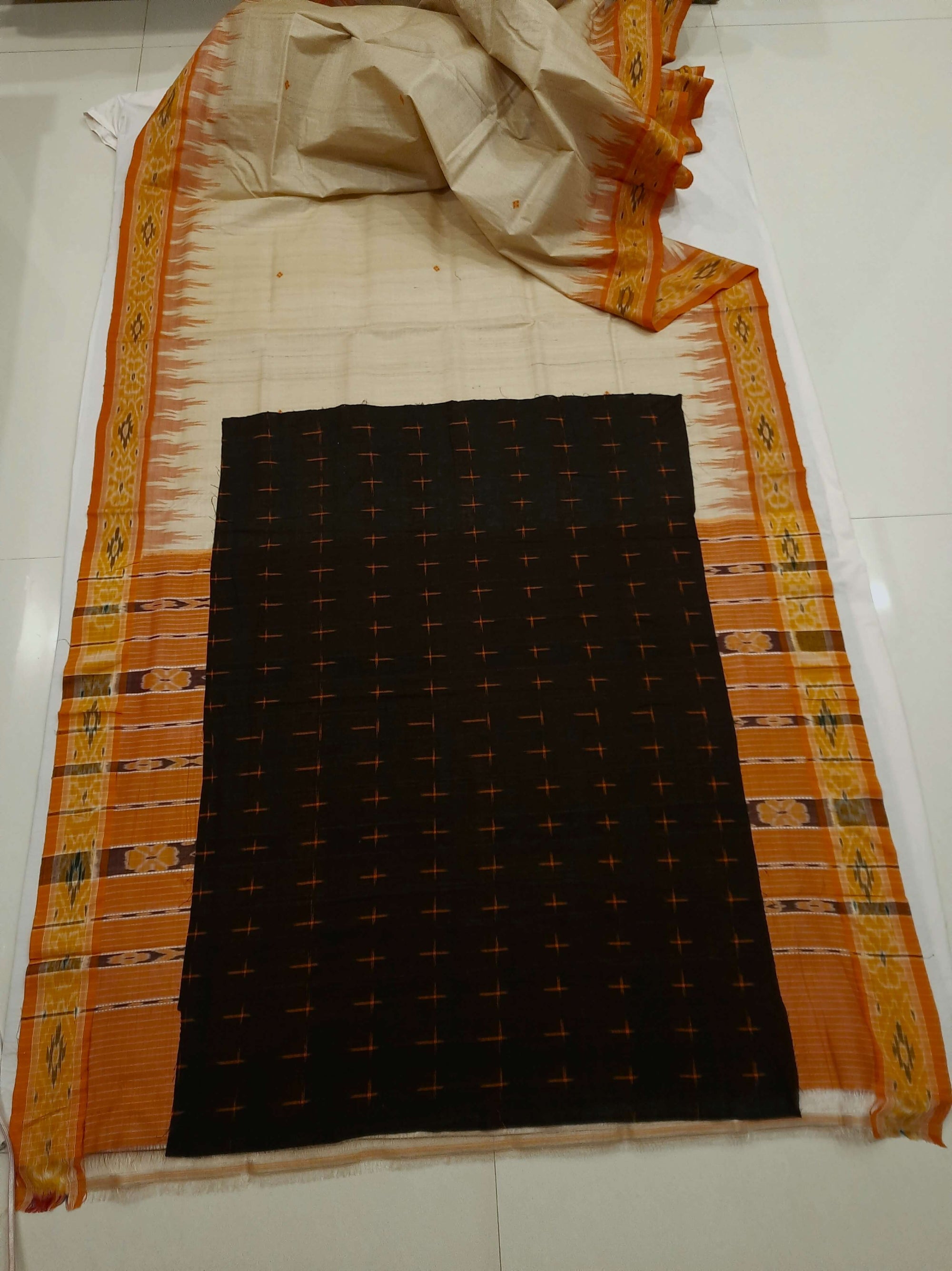 Beige with Orange Tussar Silk Odisha Ikat Saree with cotton ikat blouse piece