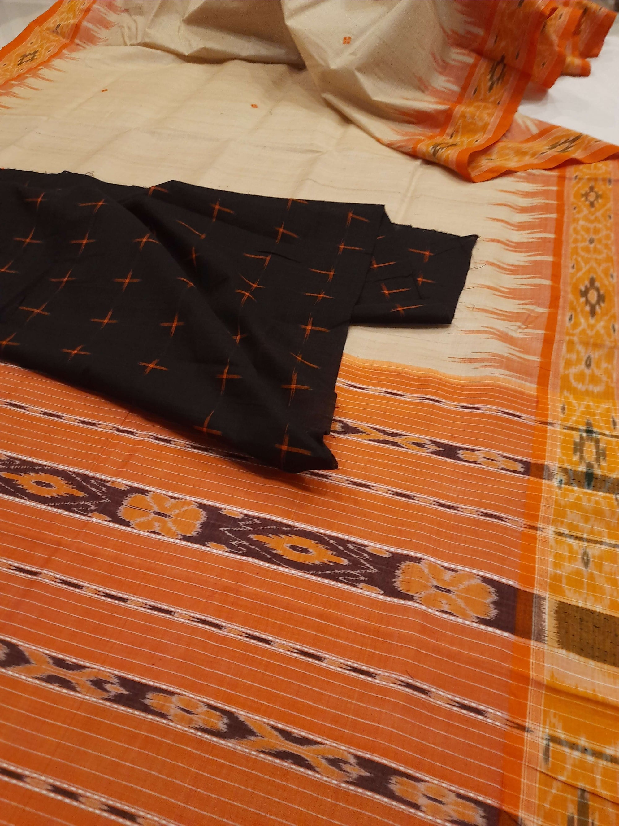 Beige with Orange Tussar Silk Odisha Ikat Saree with cotton ikat blouse piece
