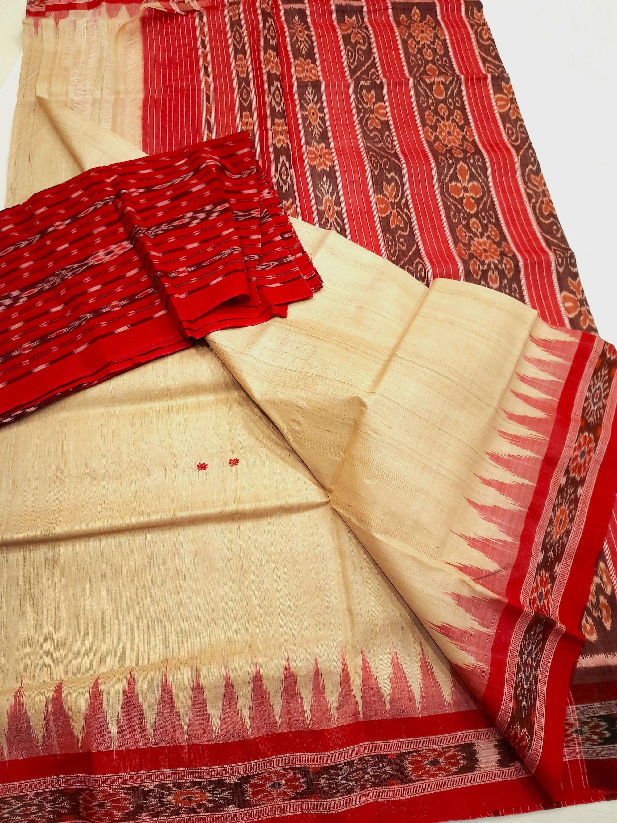 Beige with Maroon Tussar Silk Odisha Ikat Saree with cotton ikat blouse piece