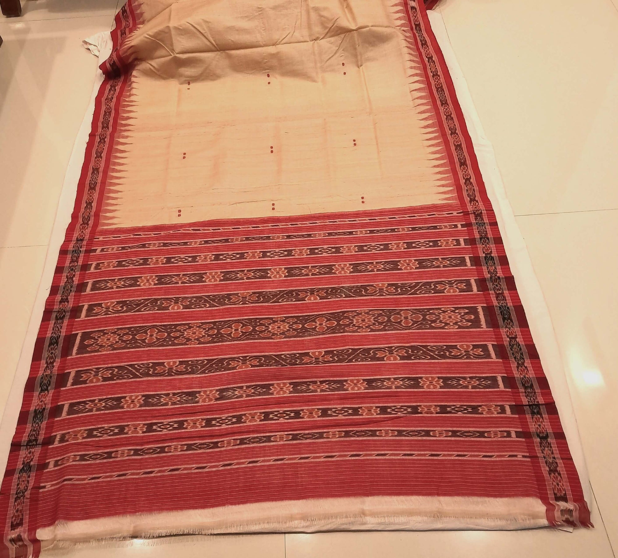 Beige with Maroon Tussar Silk Odisha Ikat Saree with cotton ikat blouse piece