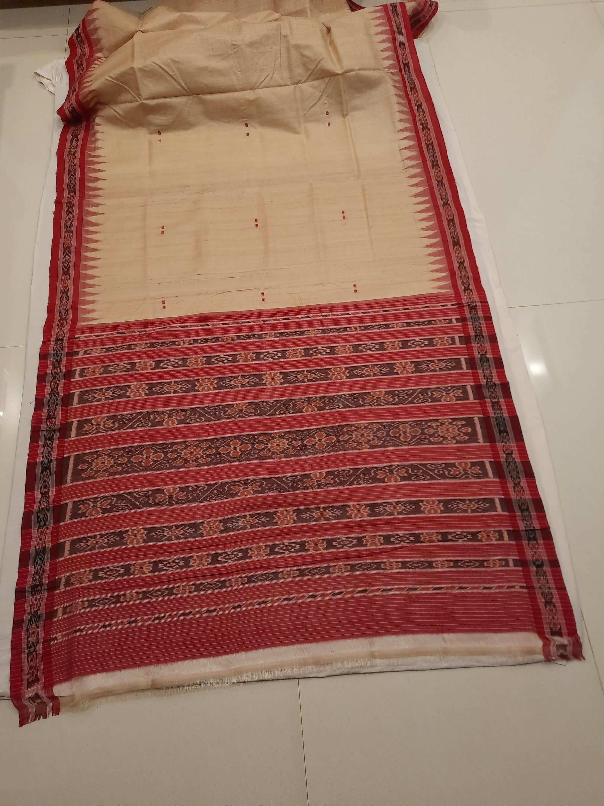 Beige with Maroon Tussar Silk Odisha Ikat Saree with cotton ikat blouse piece