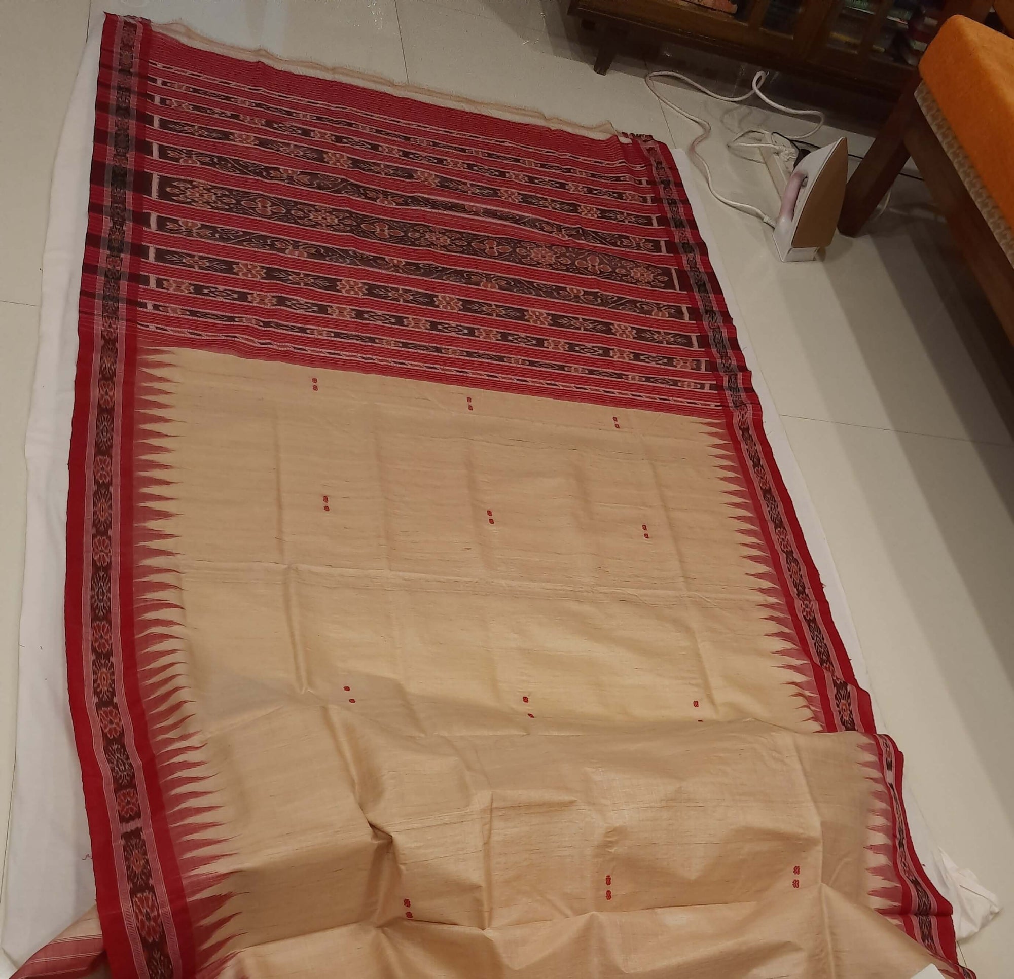 Beige with Maroon Tussar Silk Odisha Ikat Saree with cotton ikat blouse piece