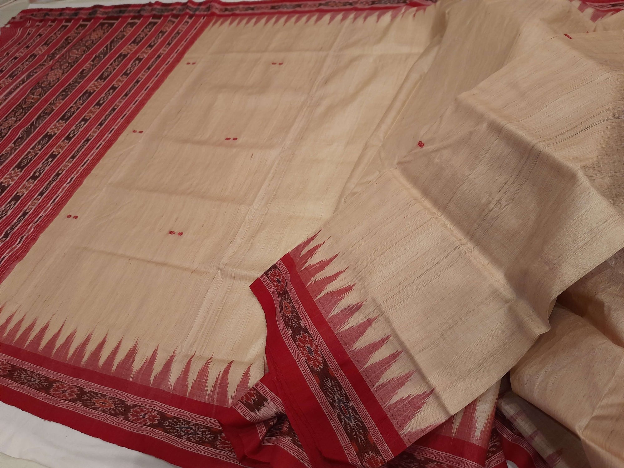 Beige with Maroon Tussar Silk Odisha Ikat Saree with cotton ikat blouse piece