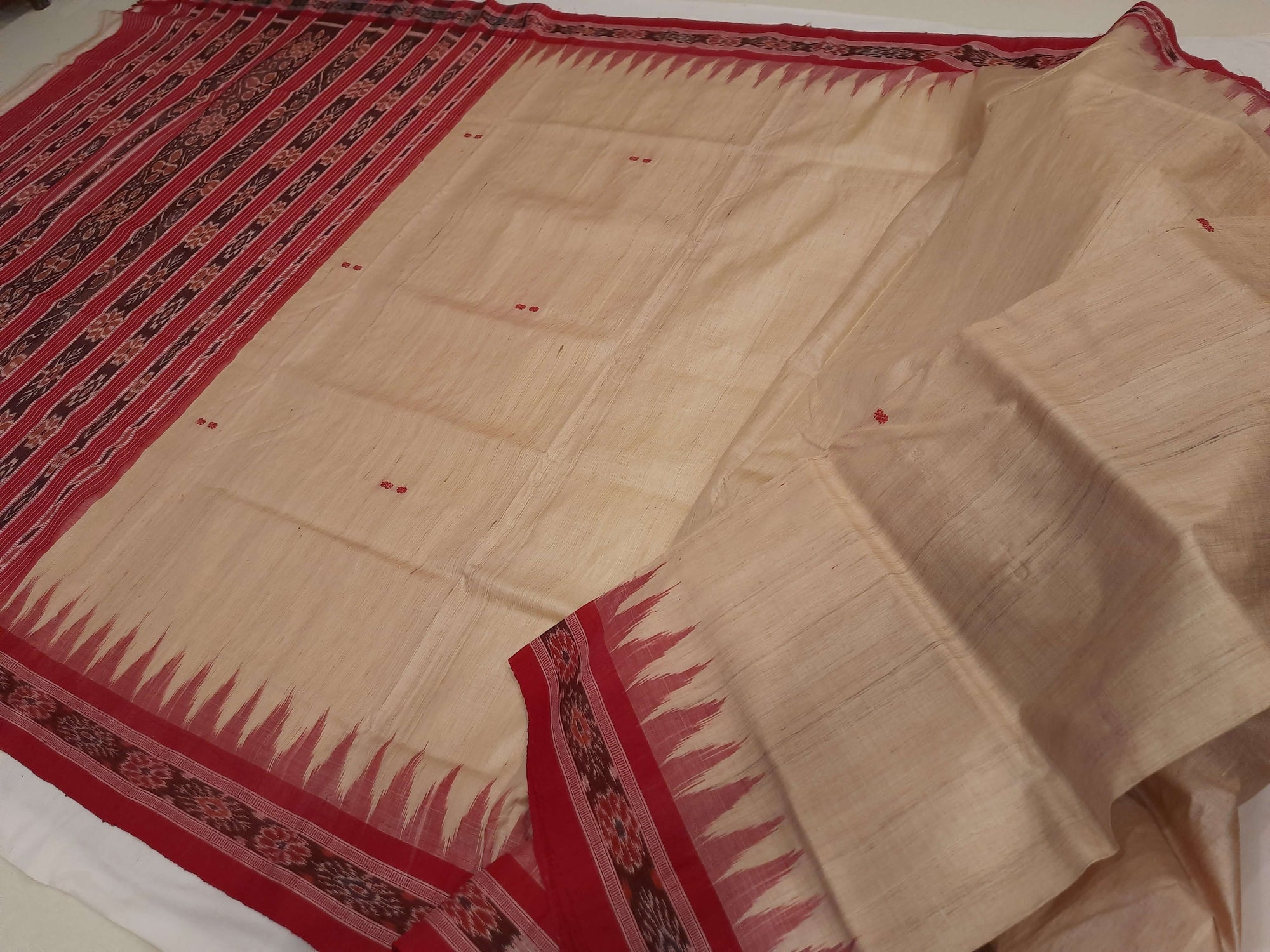 Beige with Maroon Tussar Silk Odisha Ikat Saree with cotton ikat blouse piece