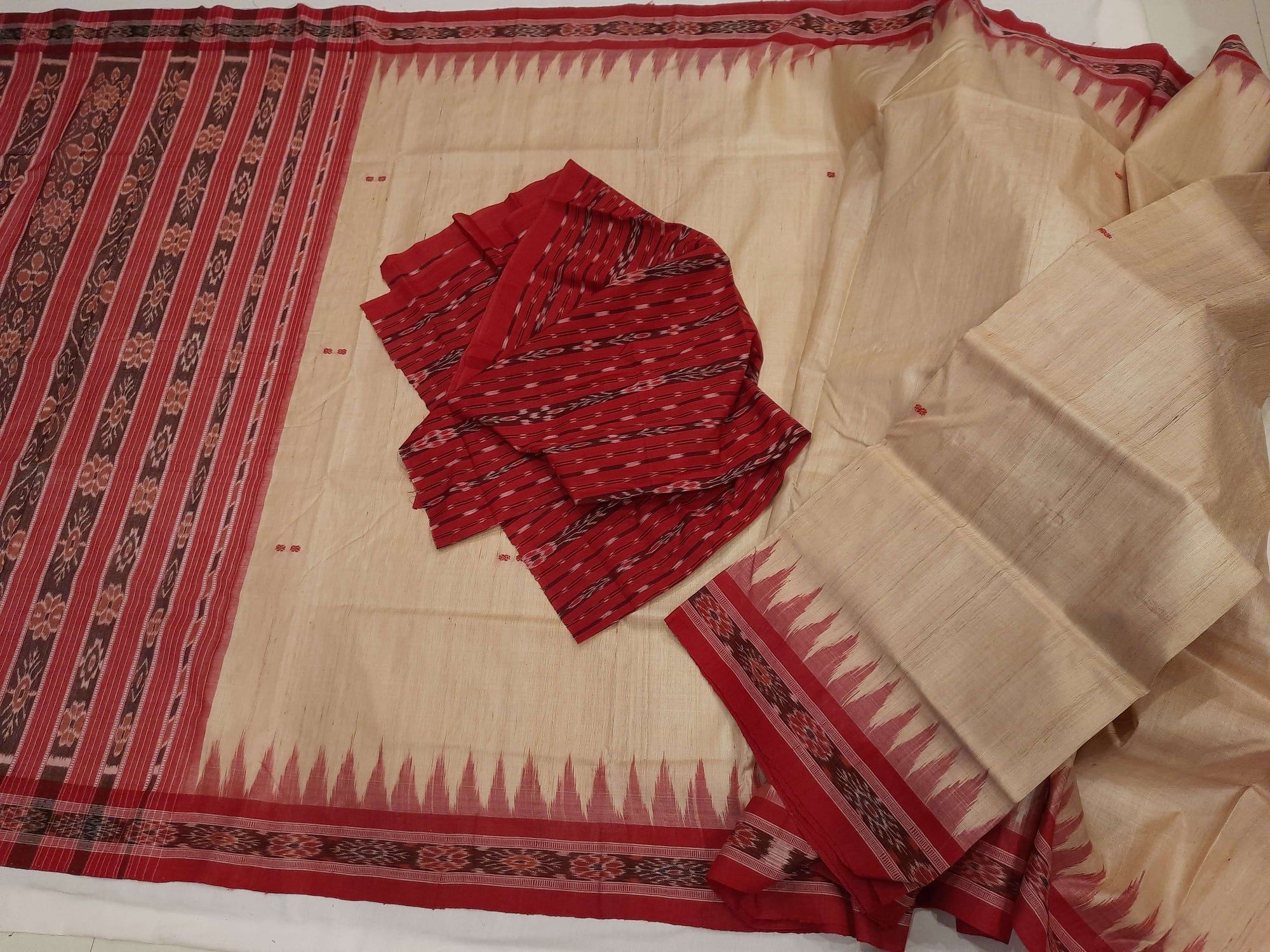 Beige with Maroon Tussar Silk Odisha Ikat Saree with cotton ikat blouse piece