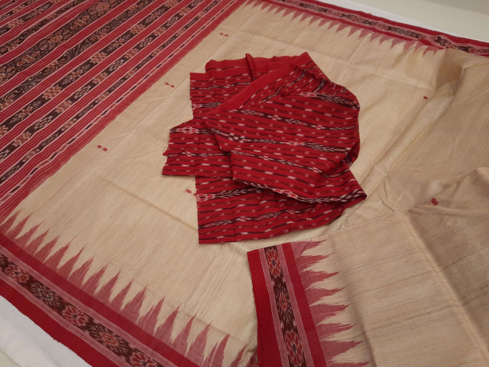 Beige with Maroon Tussar Silk Odisha Ikat Saree with cotton ikat blouse piece